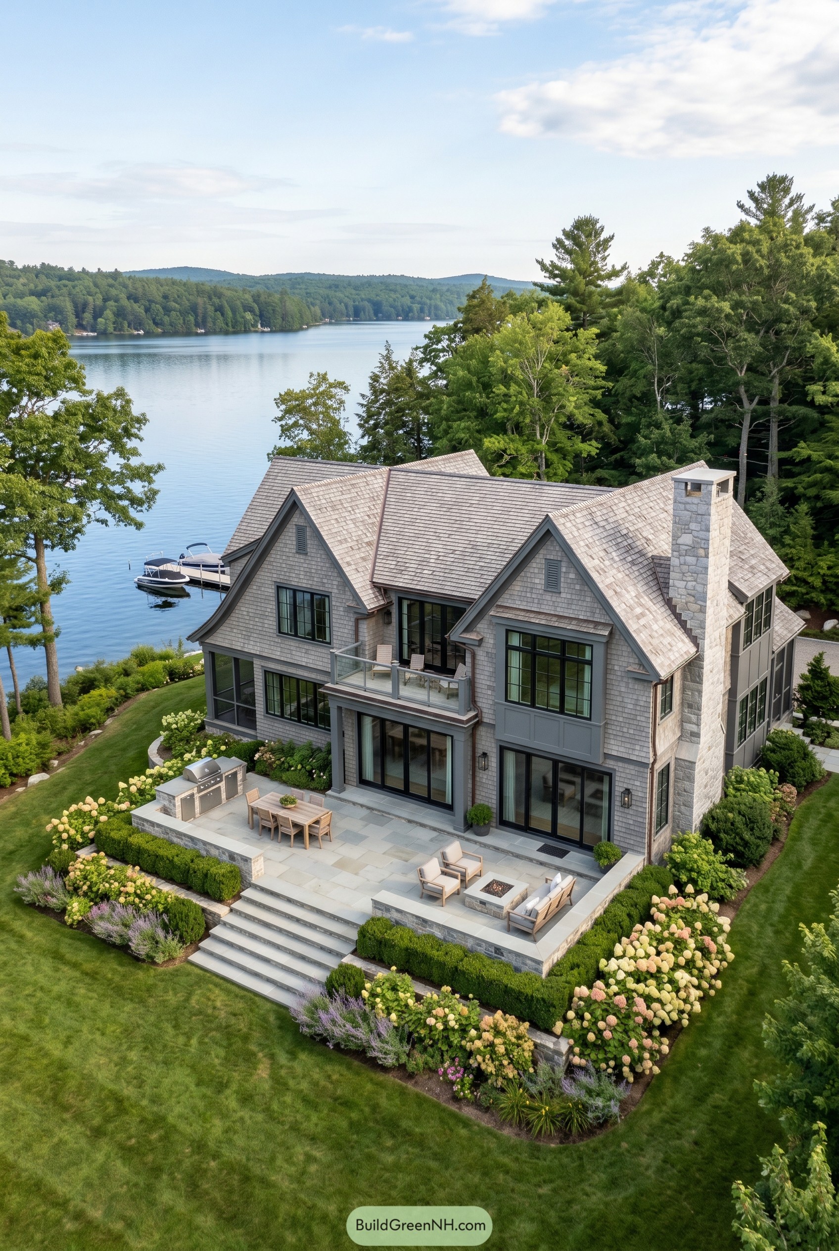 Gray shingle lake house with stone chimney
