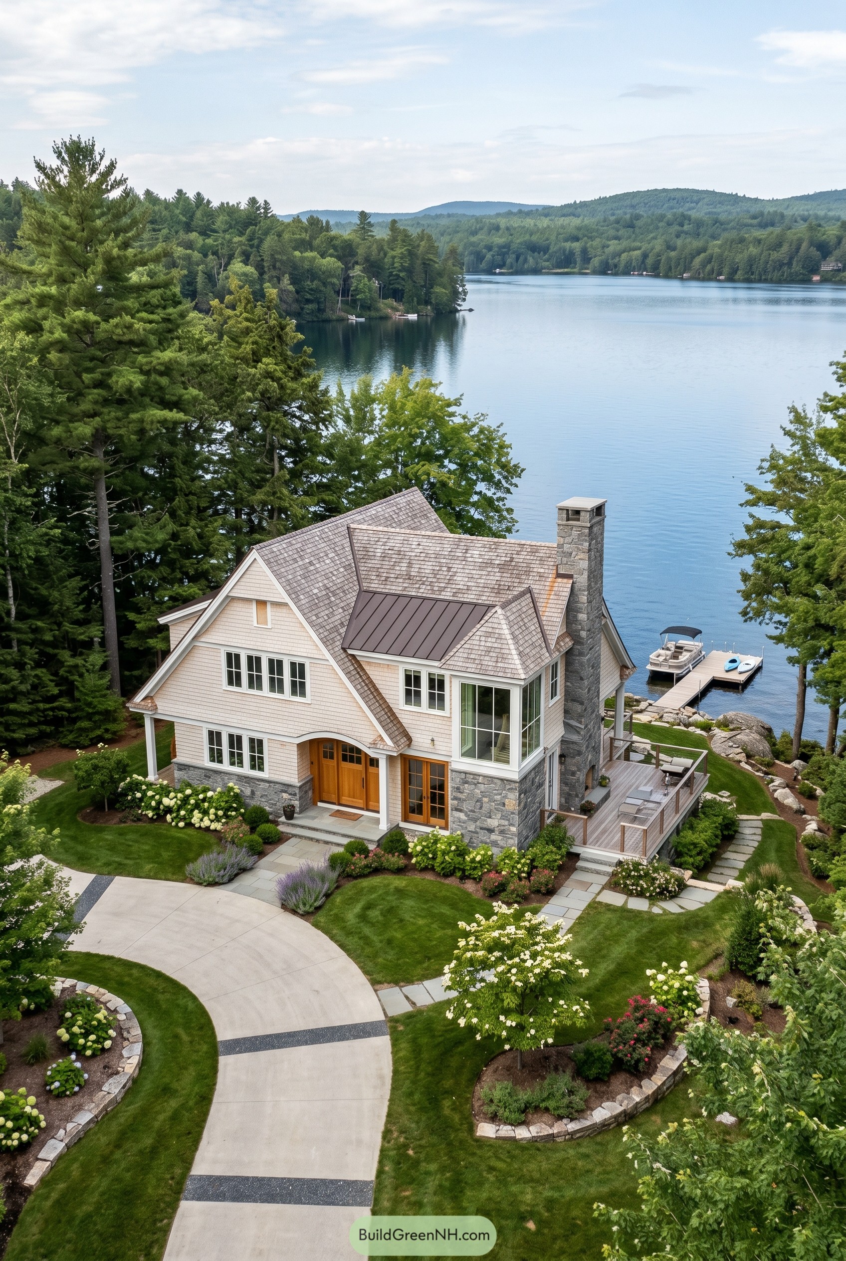 Lakeside shingle house with stone chimney and dock