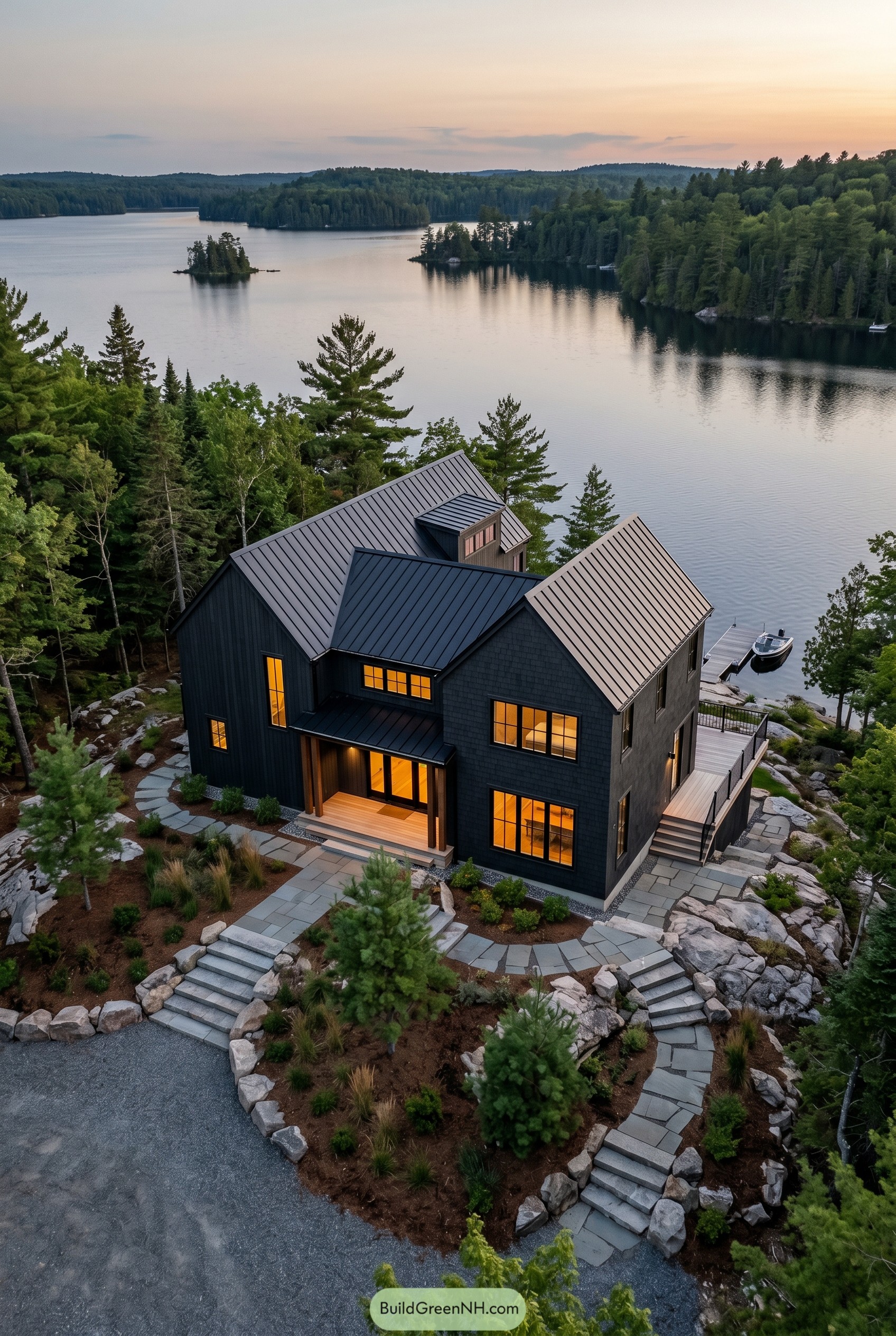 Dark modern gabled lake house on rocky shore
