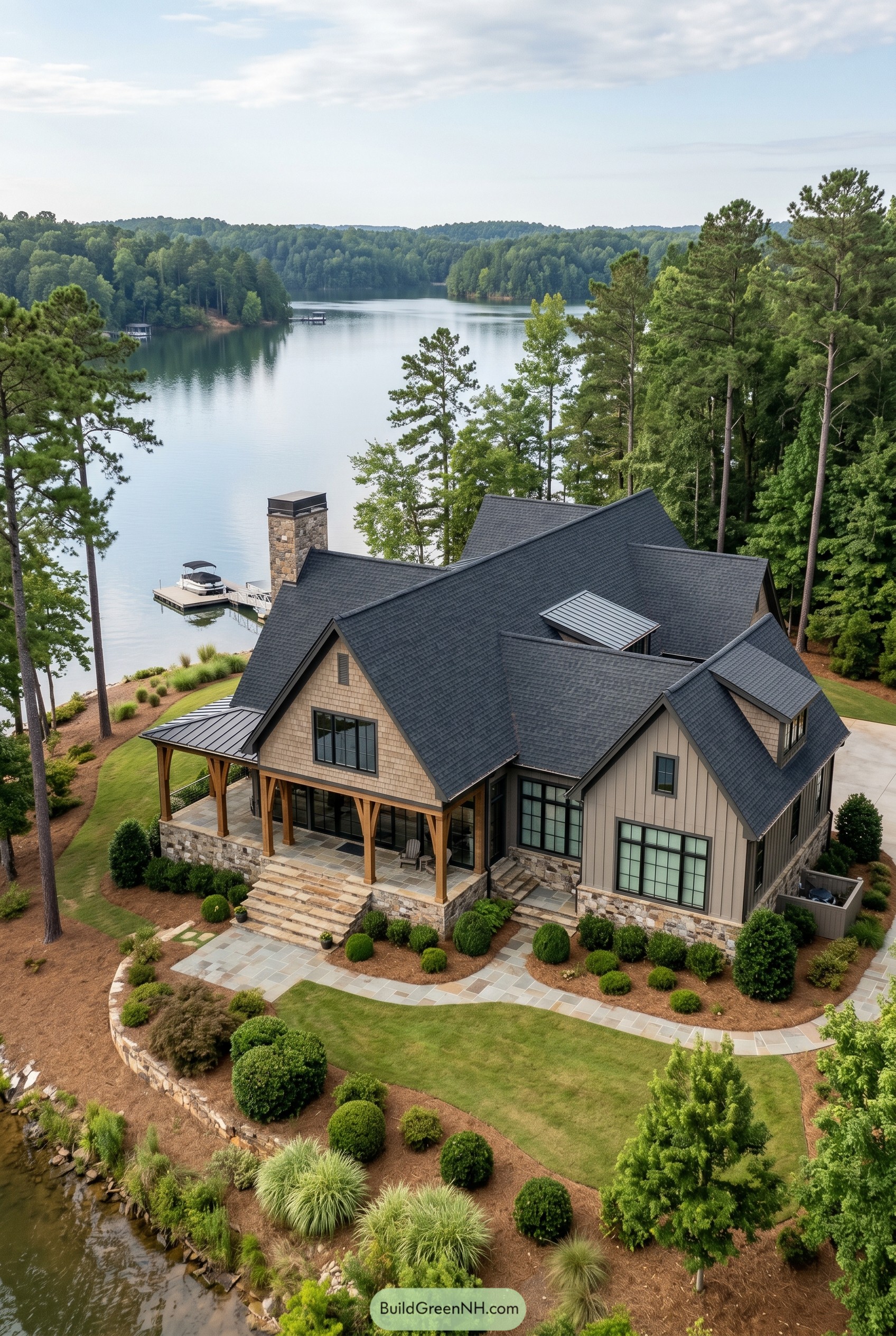 Modern gabled lake house with stone chimney and dock