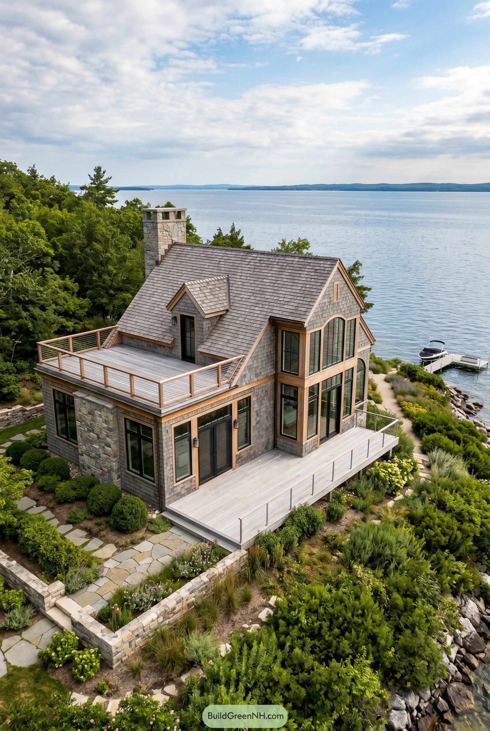 Modern shingle lake house with arched windows and roof deck