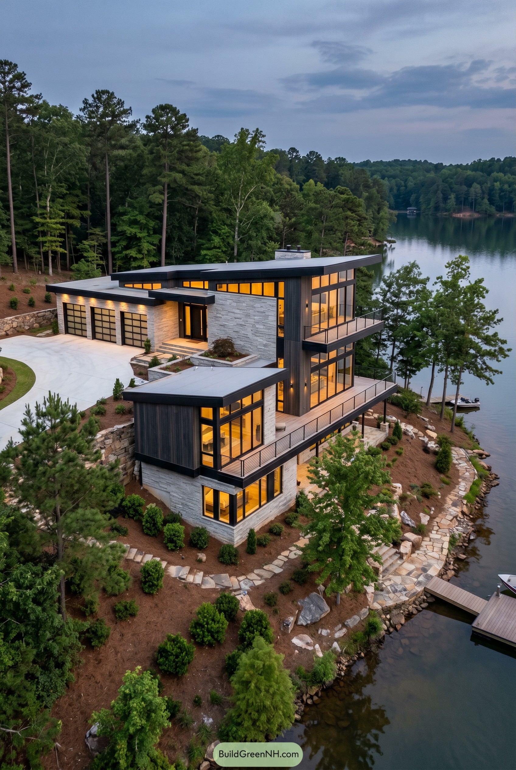 Modern lake house with stone cladding and long terraces