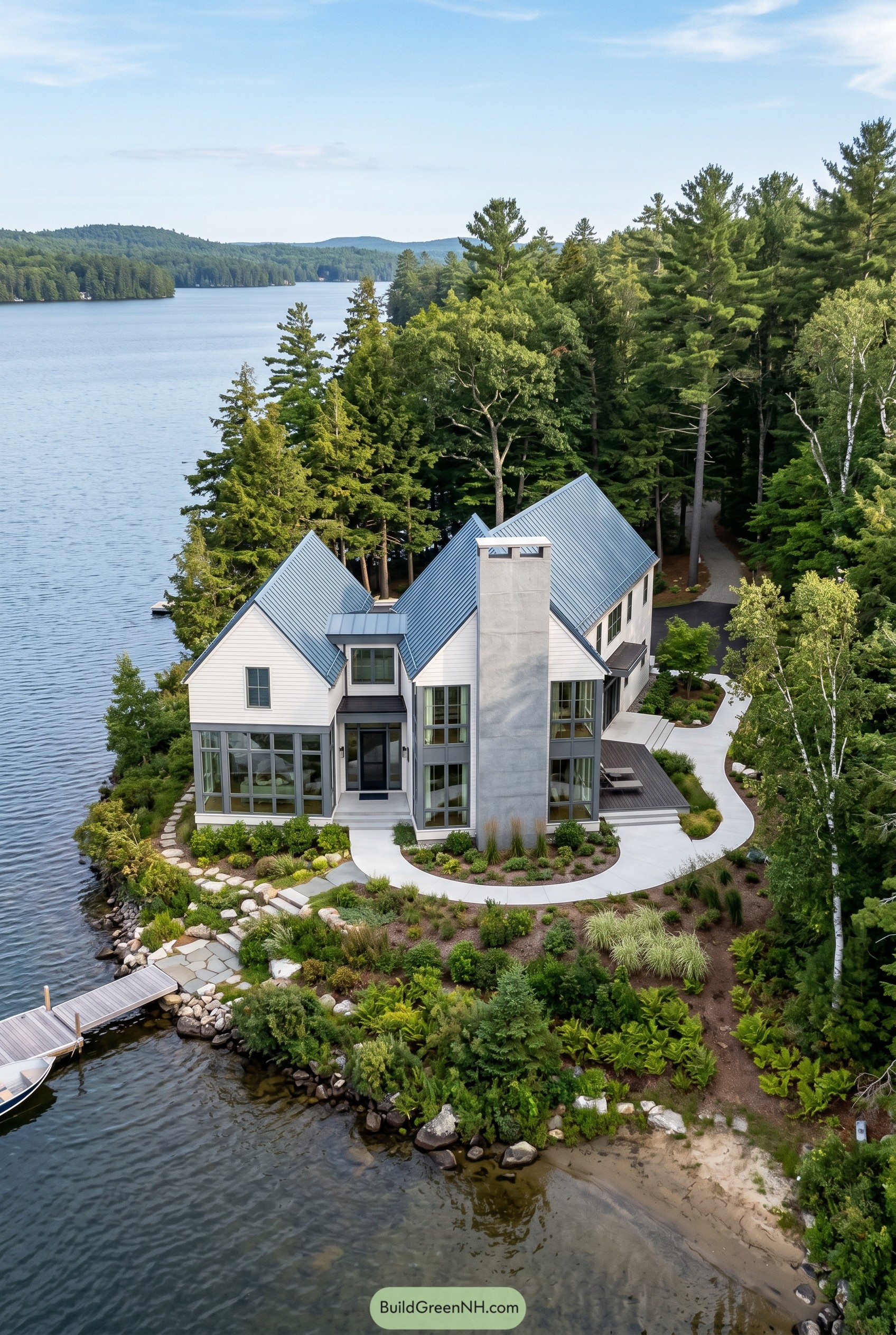 Modern white lake house with blue metal roofs on a wooded point