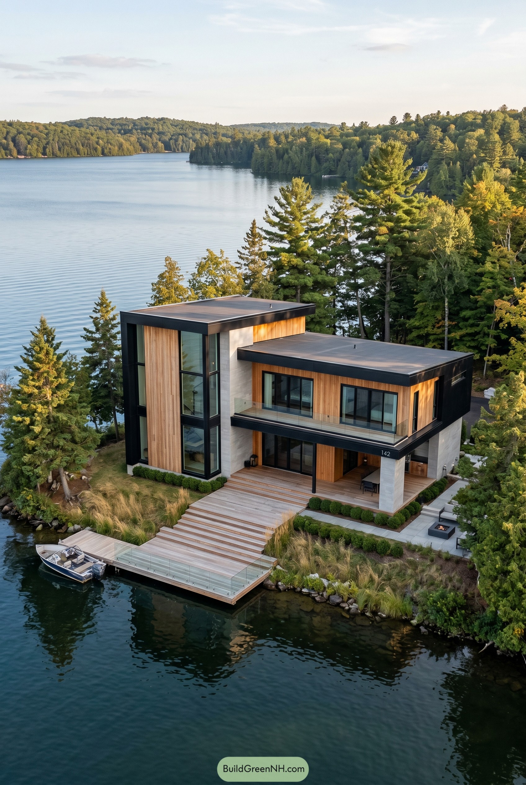 Modern cedar lake house with flat roofs and dock