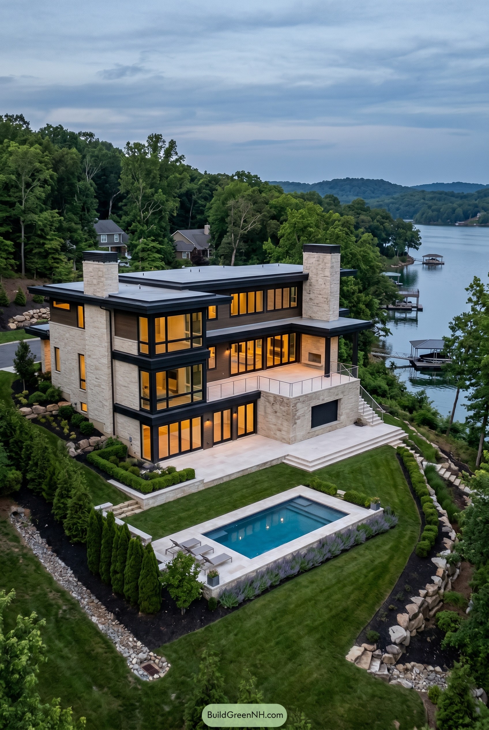 Modern stone lake house with pool