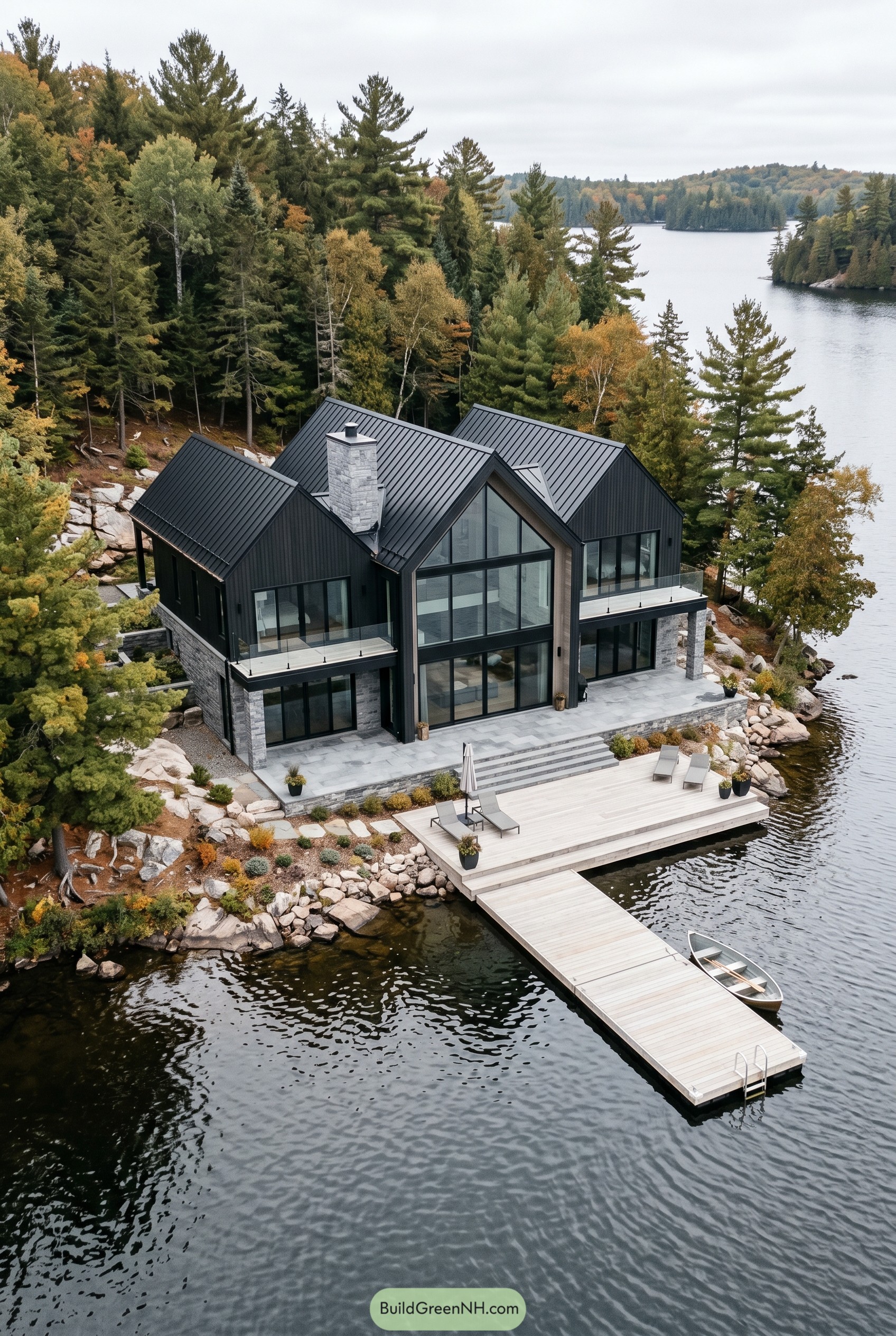 Modern black gabled lake house with dock