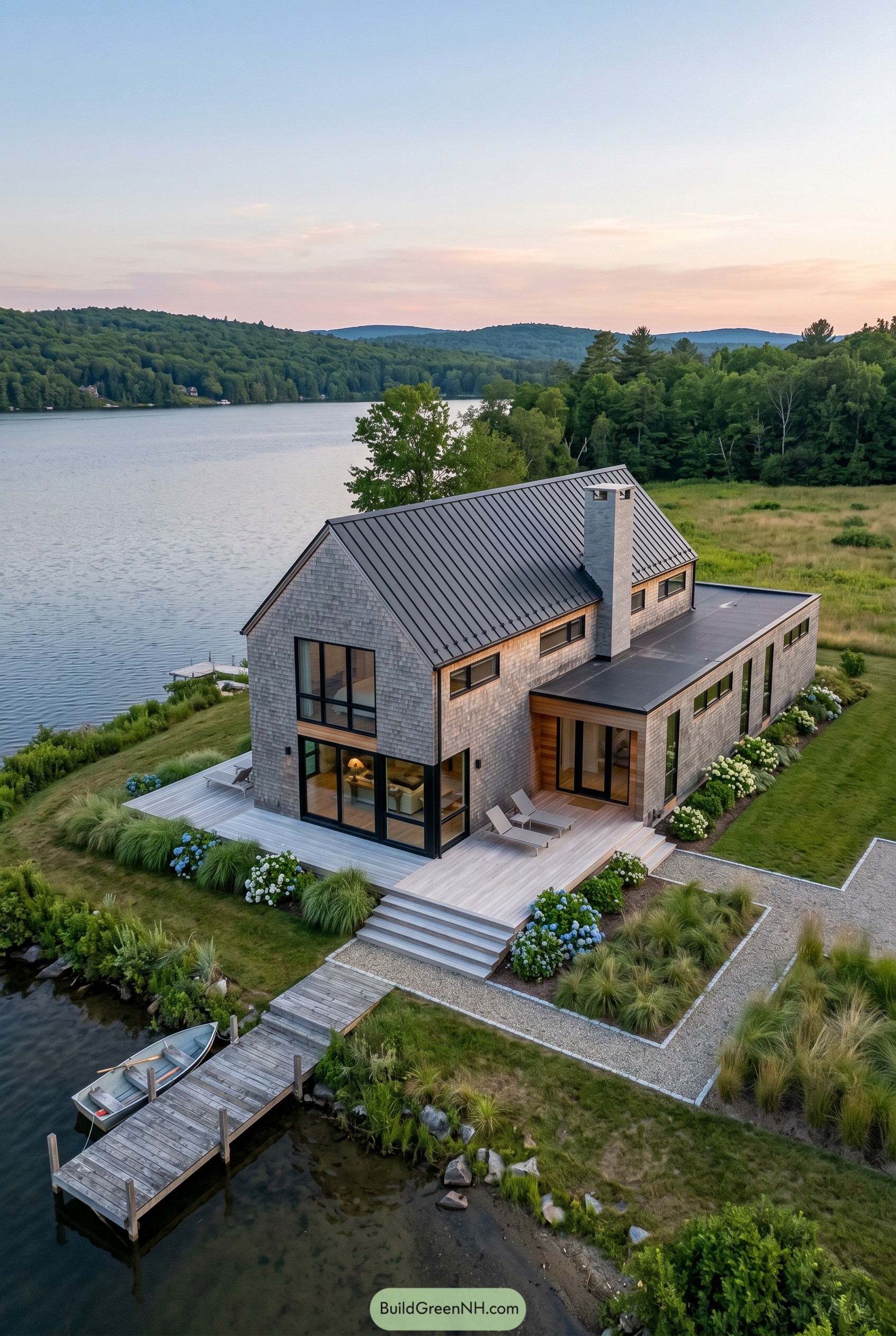 Modern shingle lake house with dock