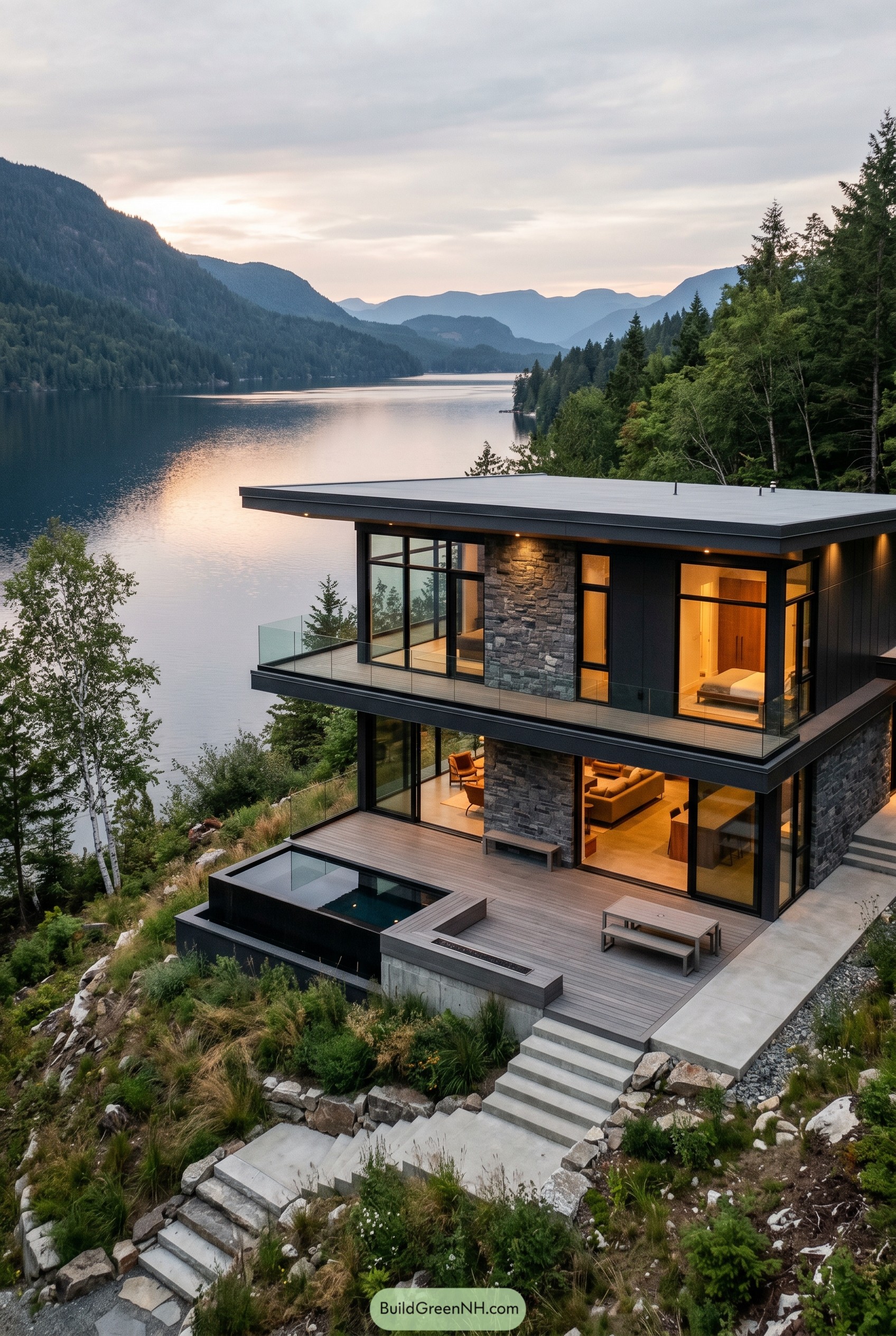 Modern lake house on a wooded bluff