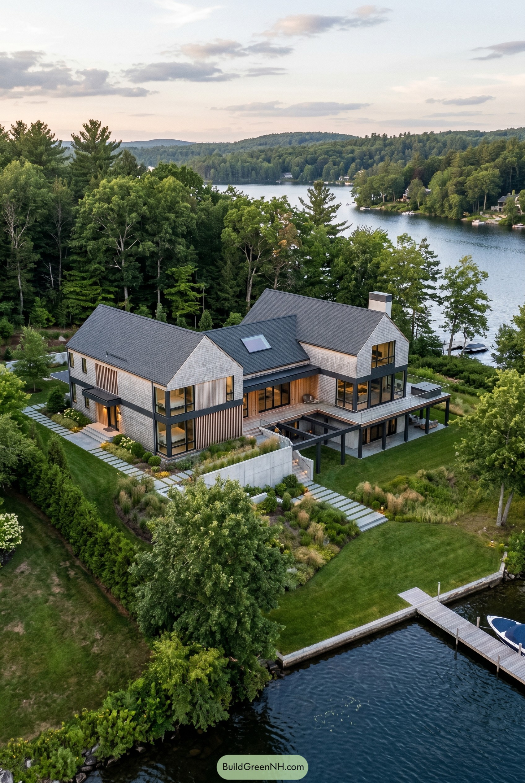 Modern shingle lake house with twin gables