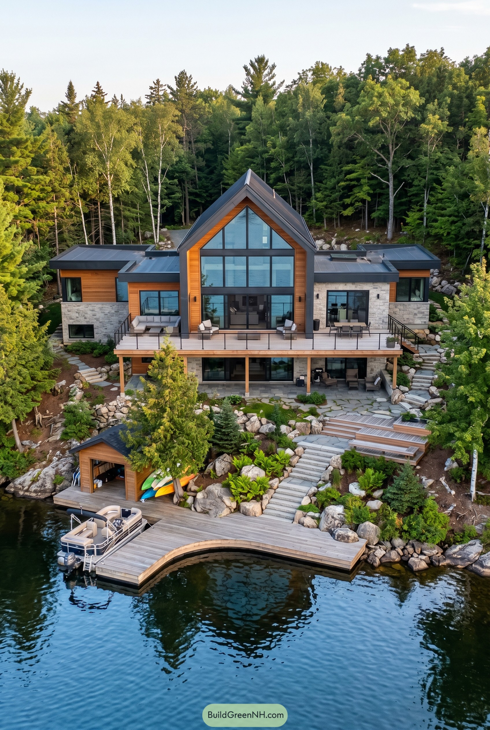Modern lake house with glass gable and dock
