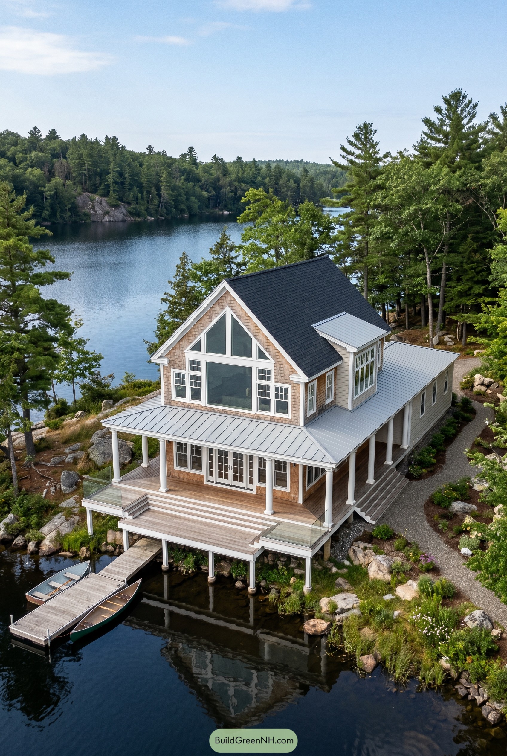 Lakeside shingle house with dock and wraparound porch