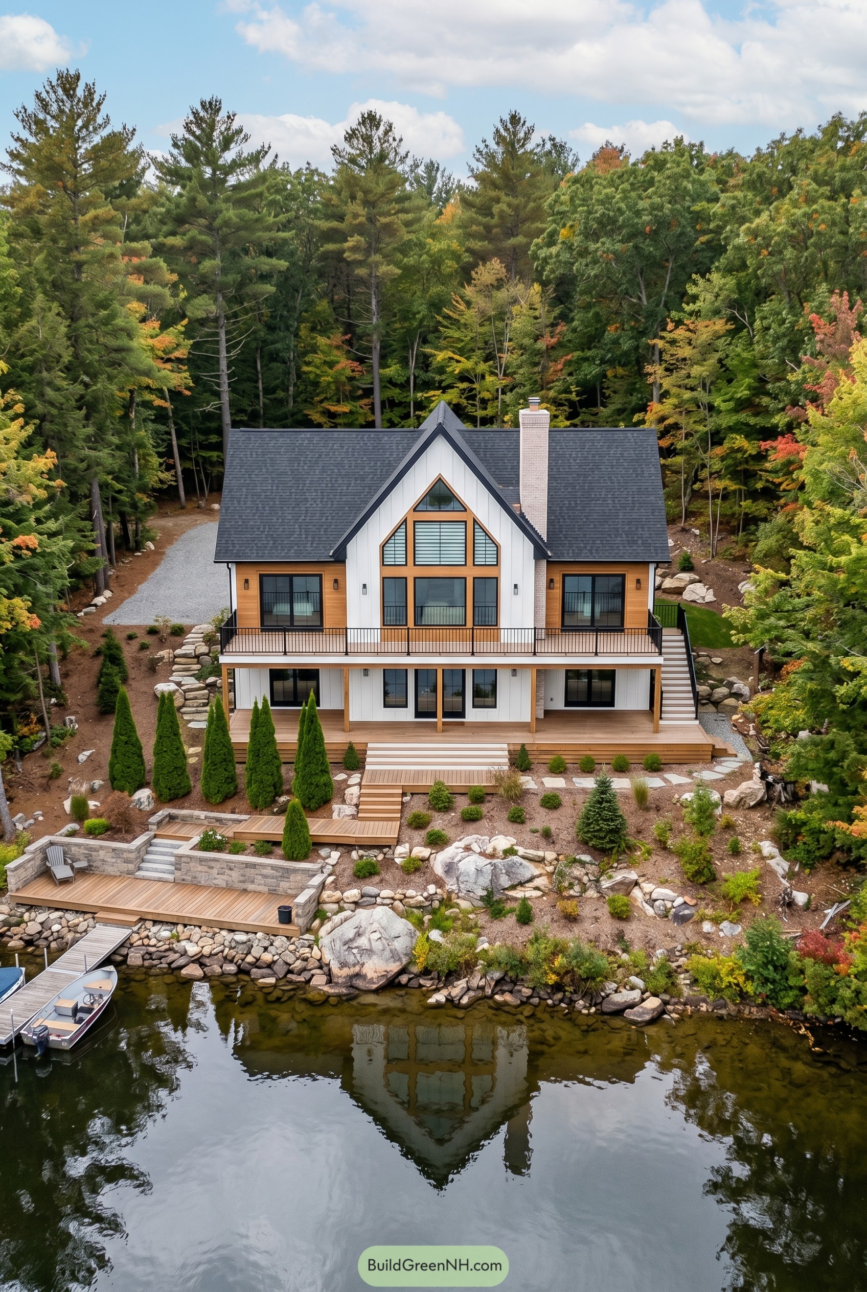 Modern lake house with tall central gable and dock