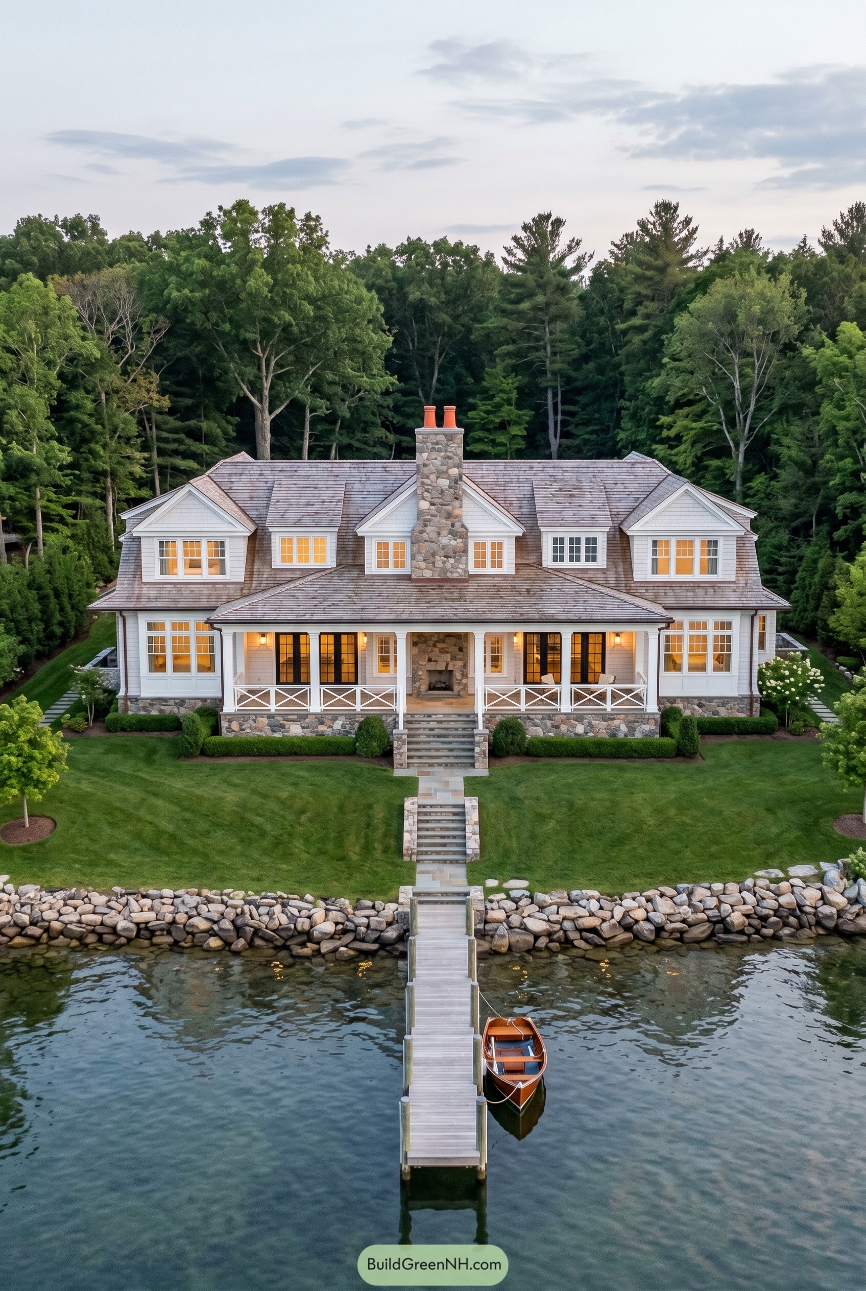 Symmetrical shingle lake house with dock