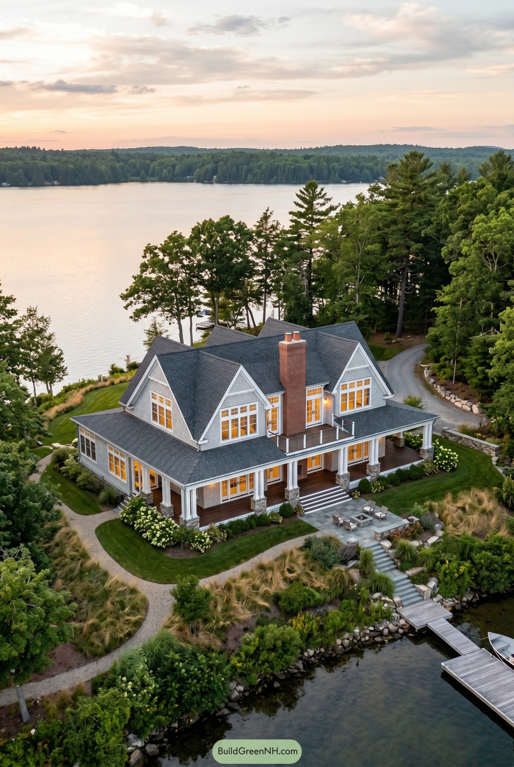 Gray shingle lake house with wraparound porch and dock