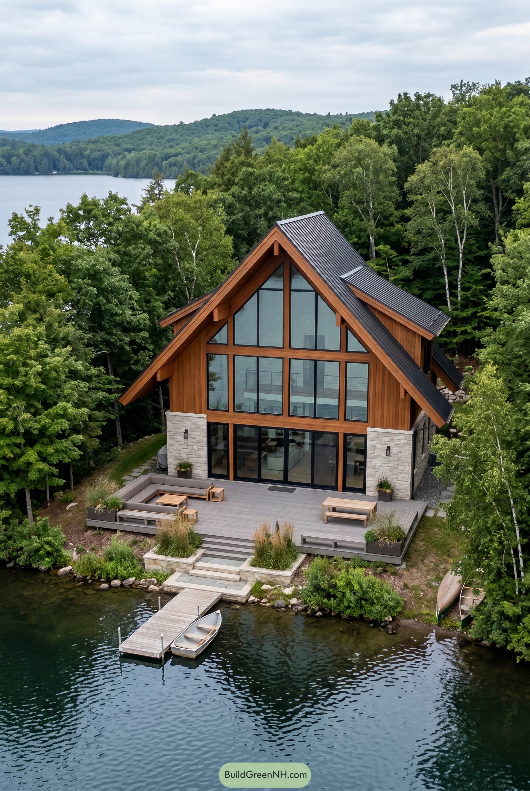 Modern cedar lake house with dock