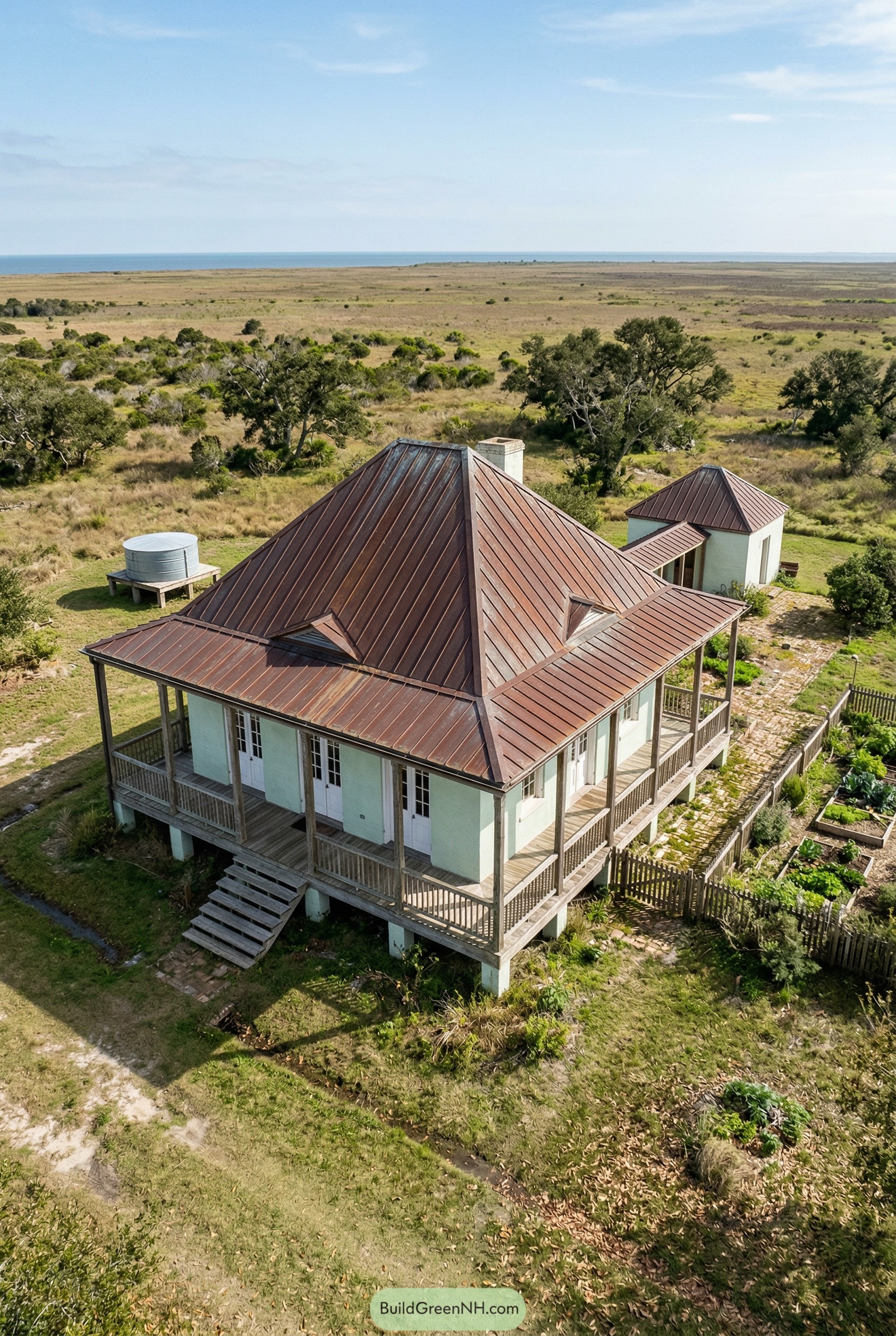 Raised French colonial cottage with wraparound porch