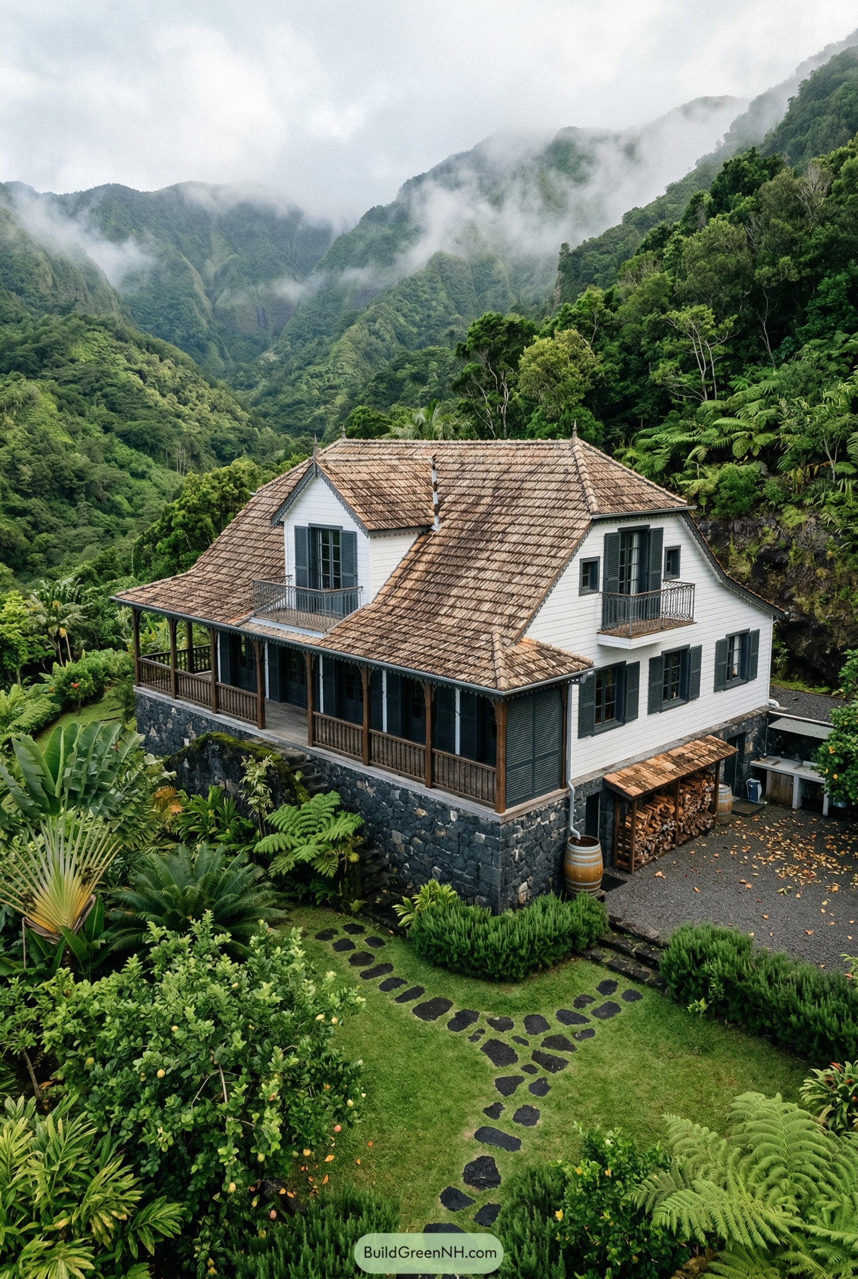 French colonial mountain house with wraparound porch