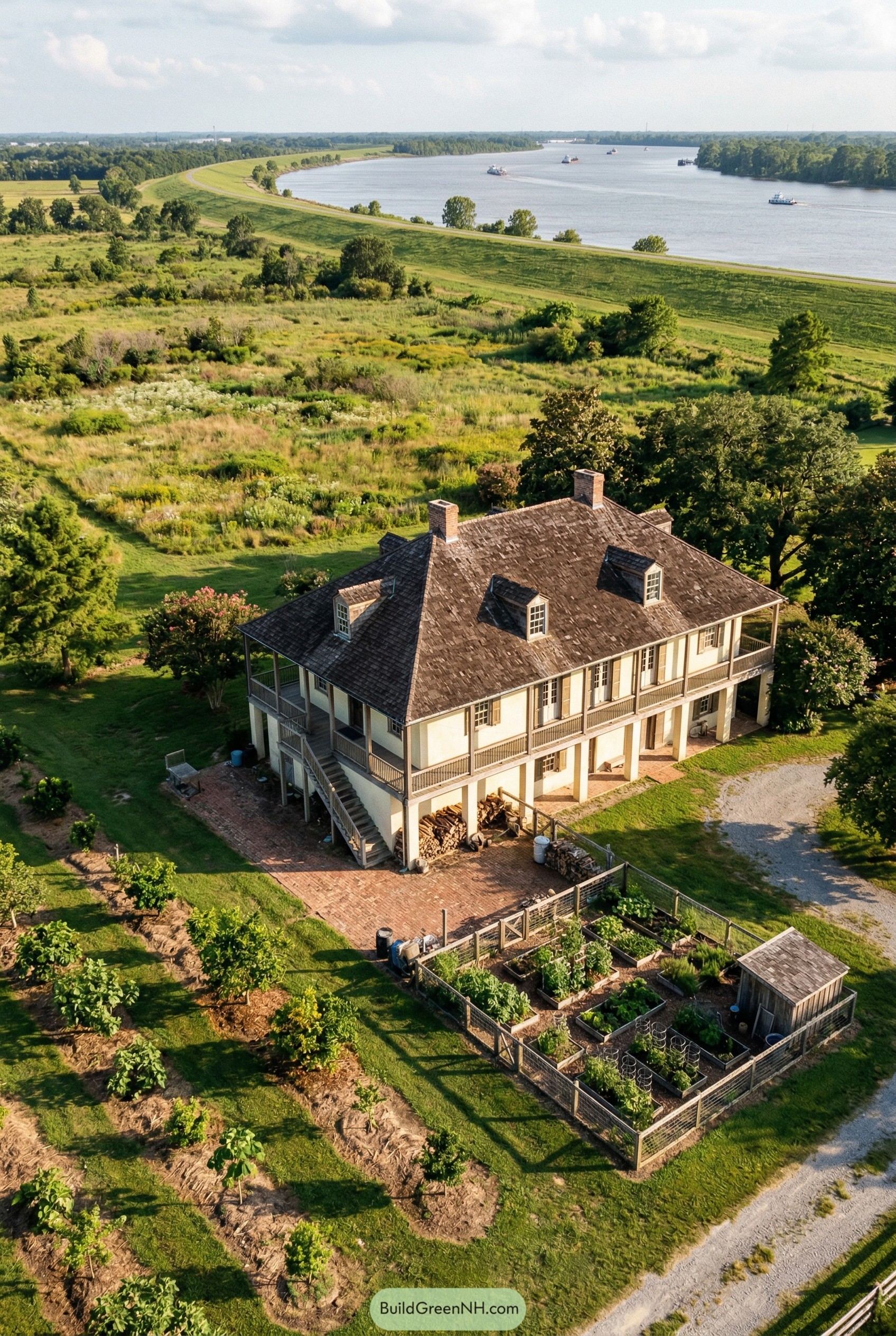 Raised French colonial house by river with garden