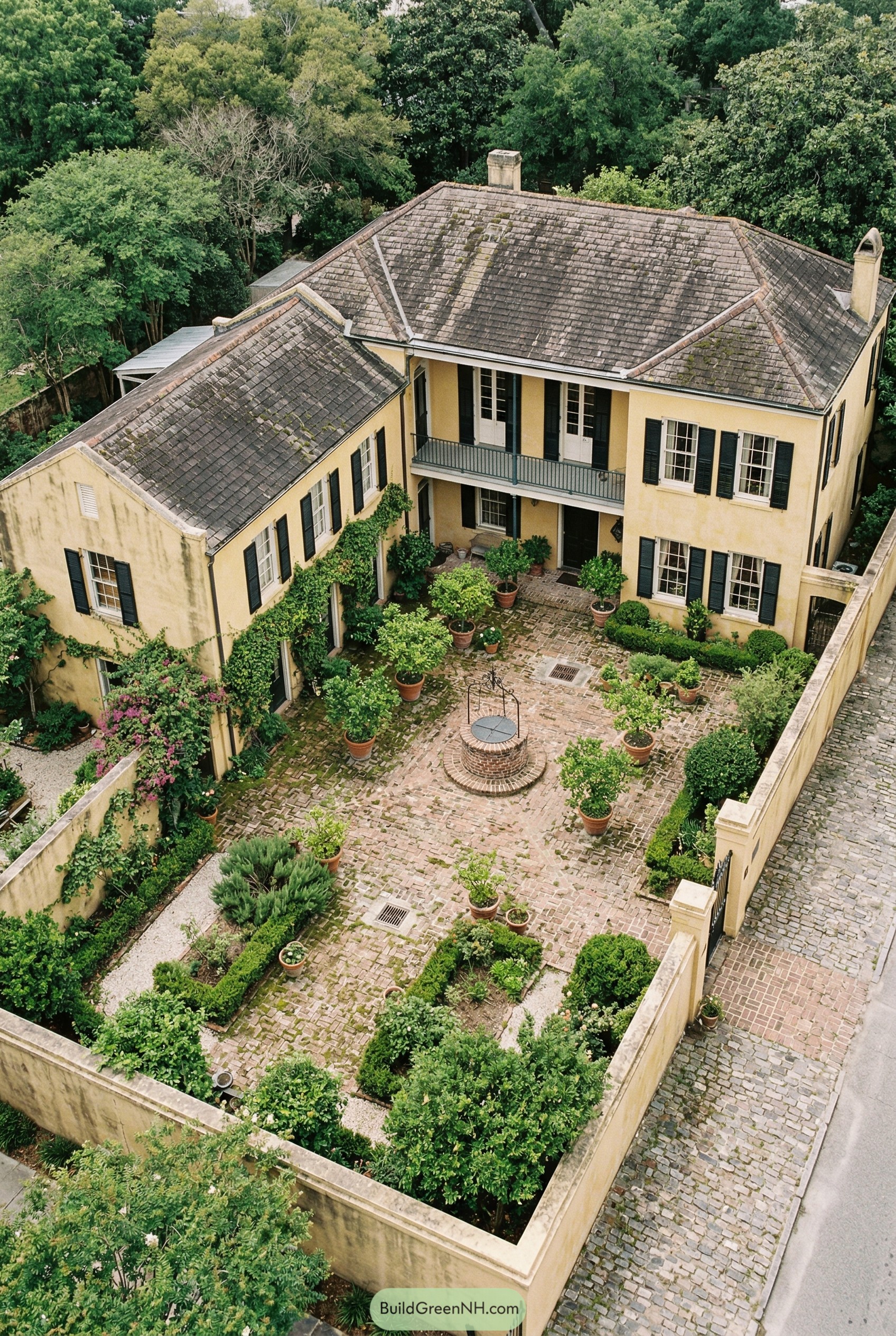 Walled French colonial house with brick courtyard and well