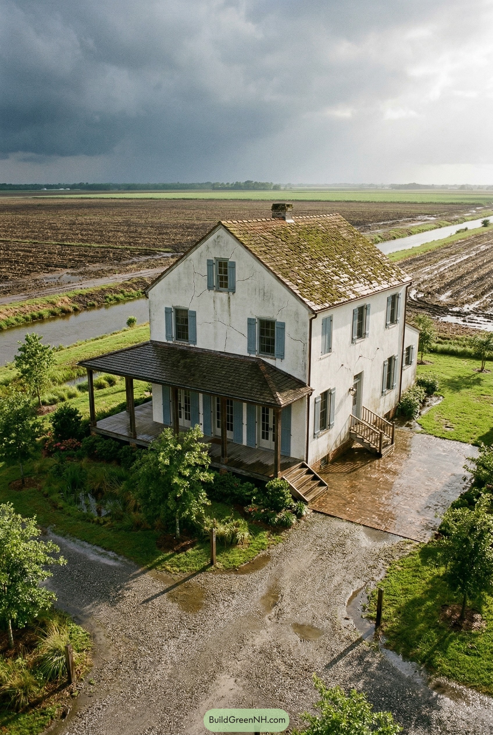 Weathered French colonial farmhouse beside a canal