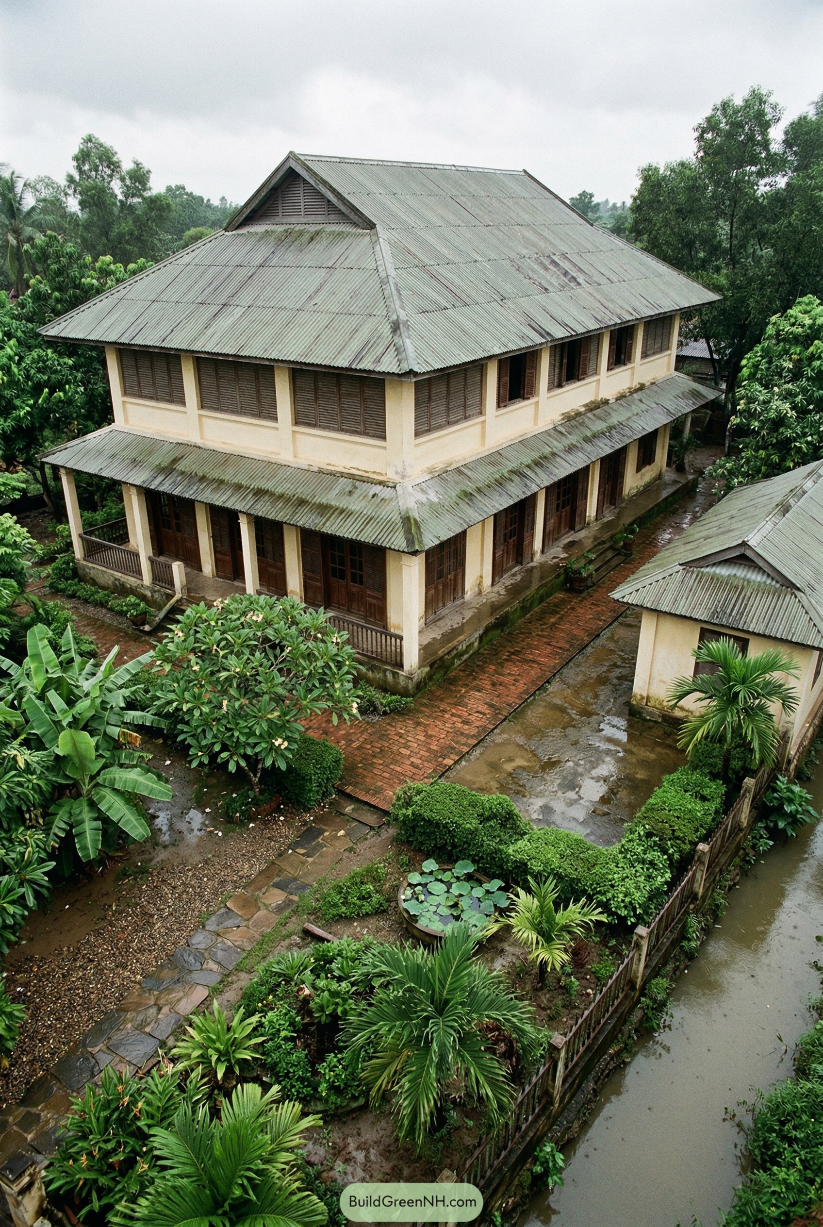 Two story colonial house with wraparound porch and metal roof