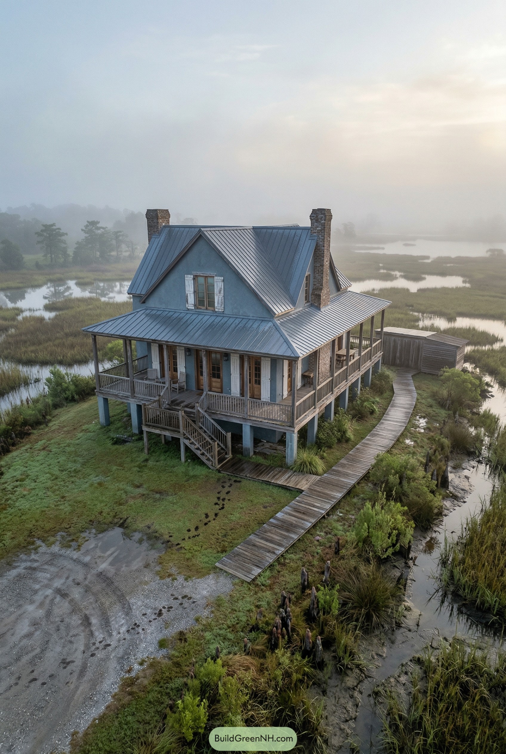 Elevated blue French colonial house beside marsh