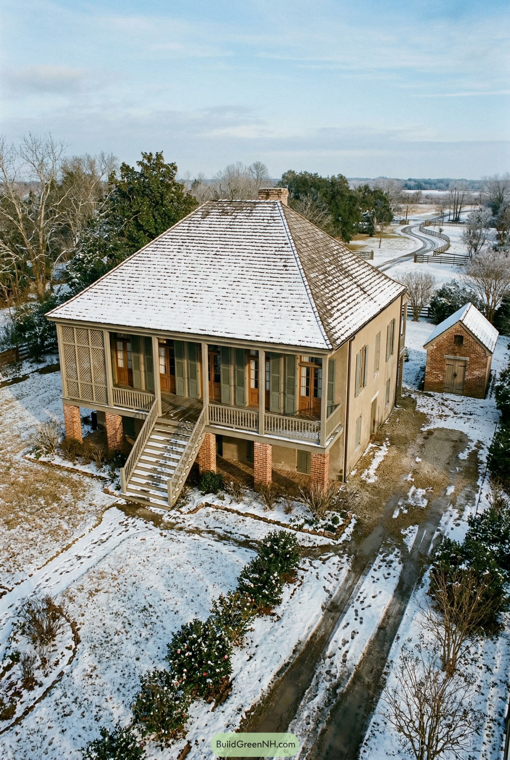 Raised colonial house with porch in snow