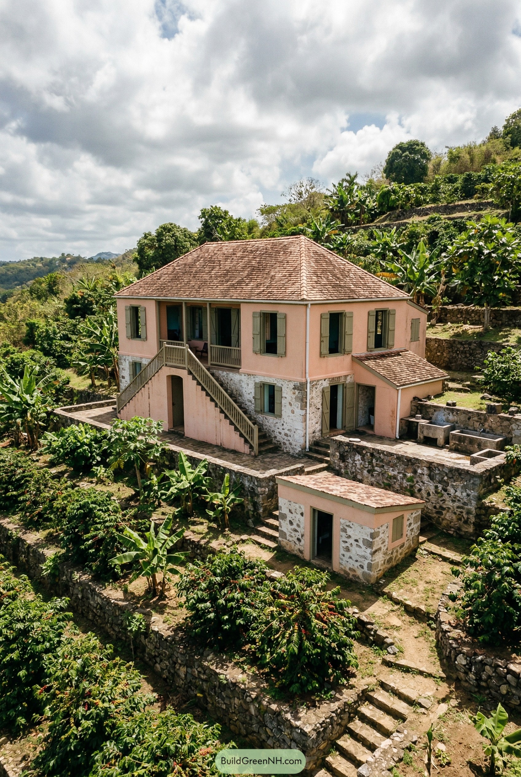 French colonial house on a terraced tropical hillside