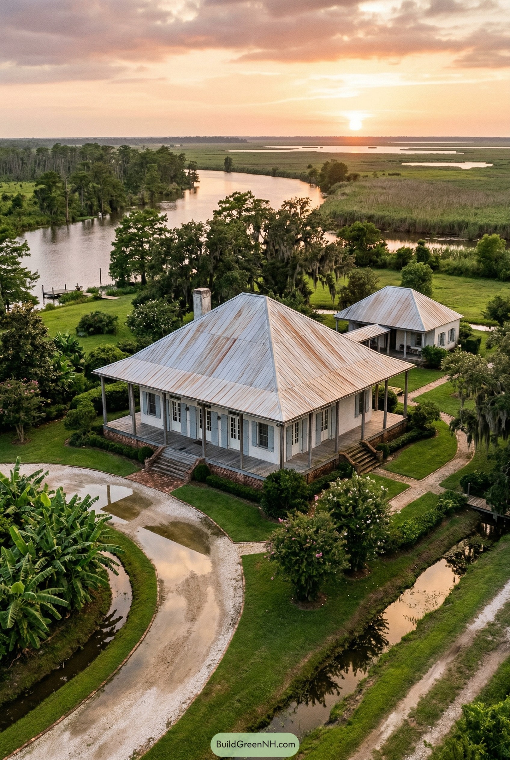 French colonial house with wraparound porch beside marsh