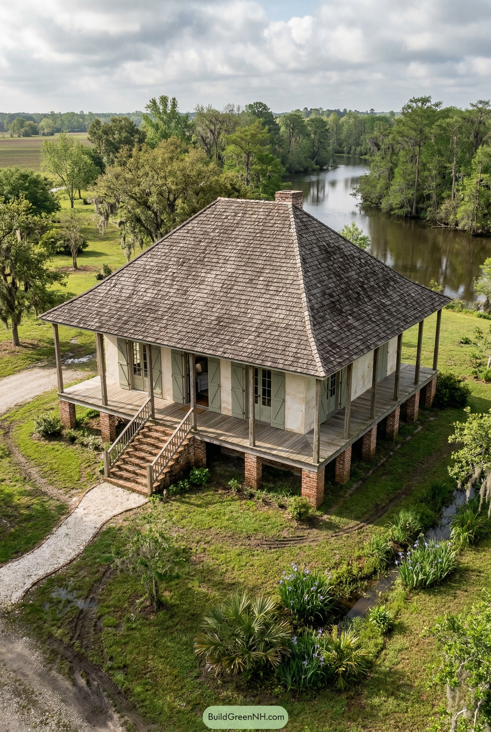 Raised French colonial house with wraparound porch by river