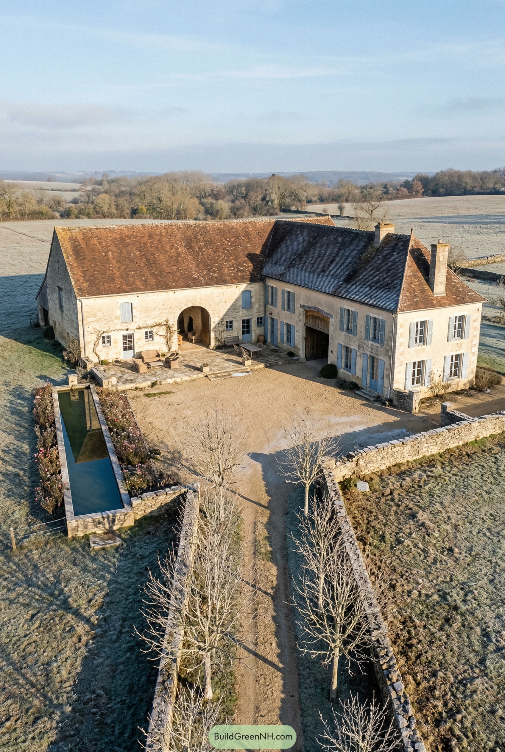 Stone country house with blue shutters and long reflecting pool