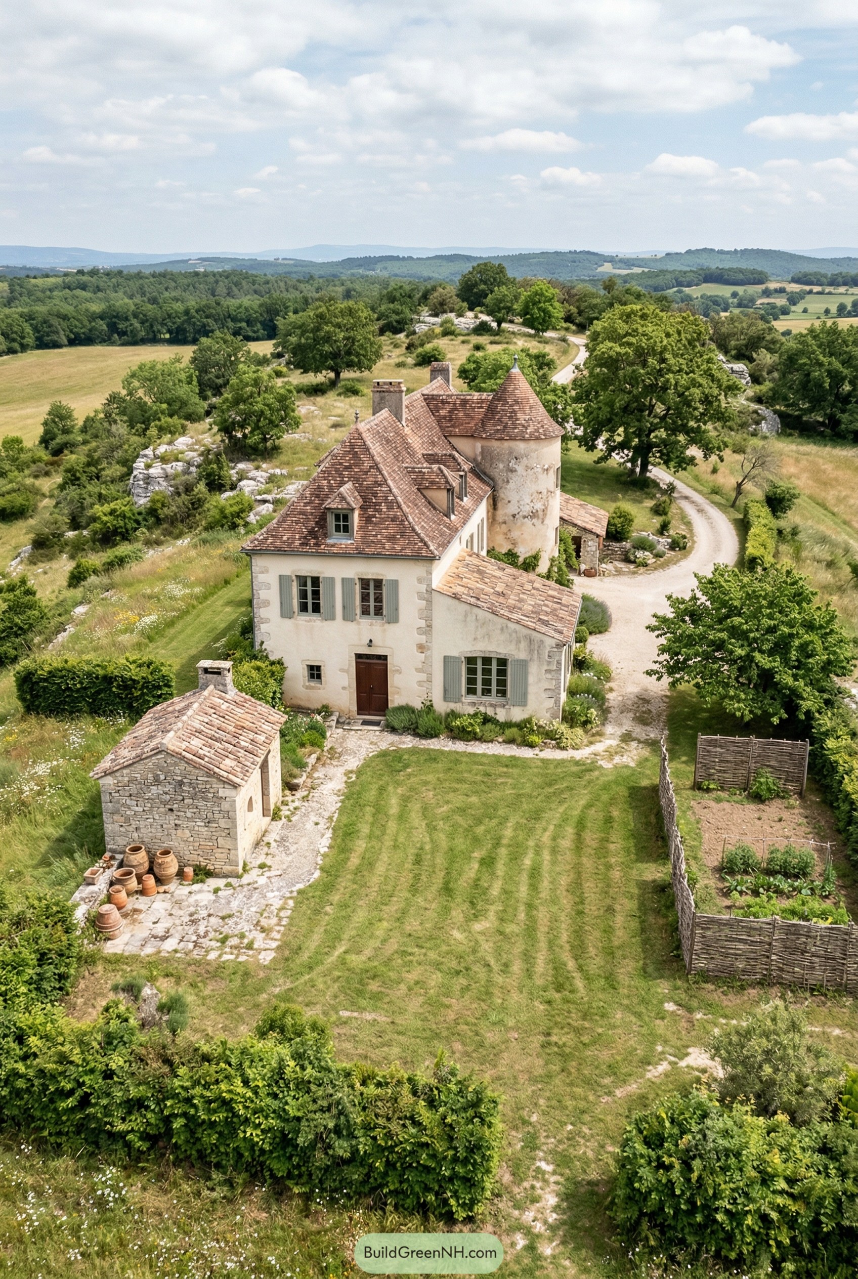 French country house with round tower and garden