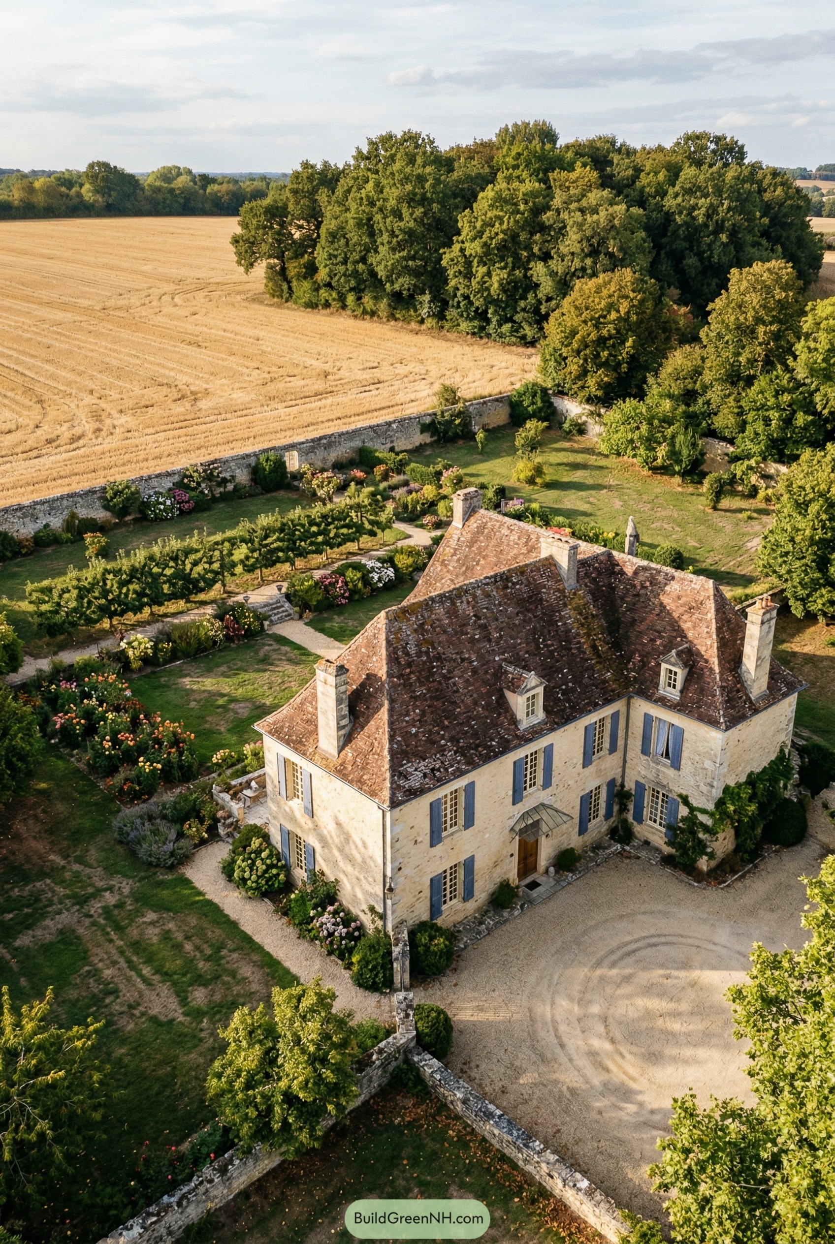 Stone French country house with blue shutters and walled garden