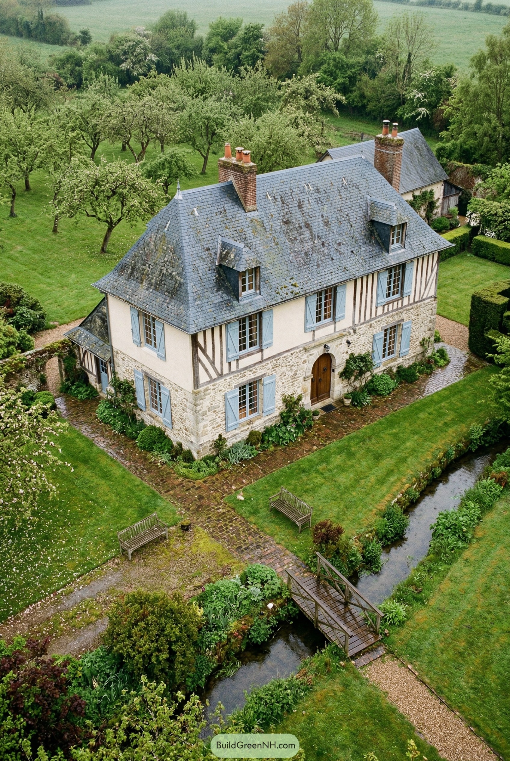 Normandy house with blue shutters by a stream