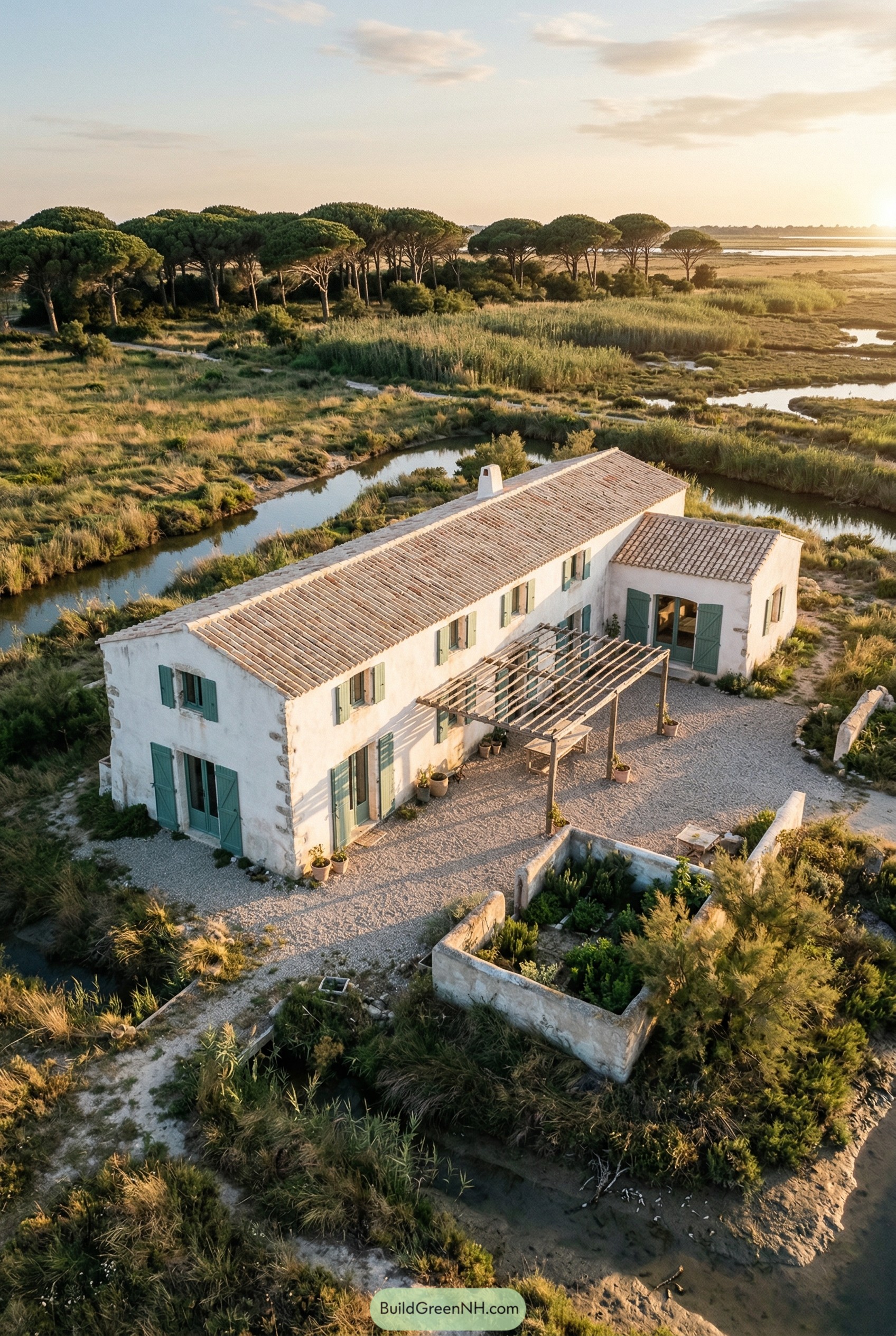 White stucco farmhouse with green shutters by marshland