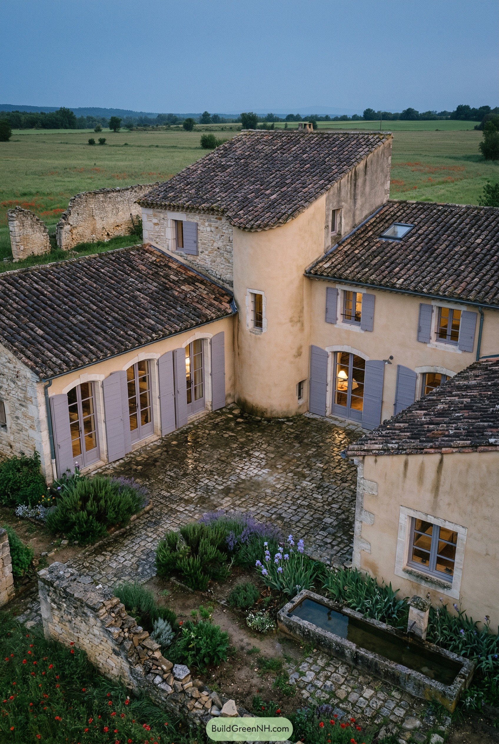 French country house with cobblestone courtyard