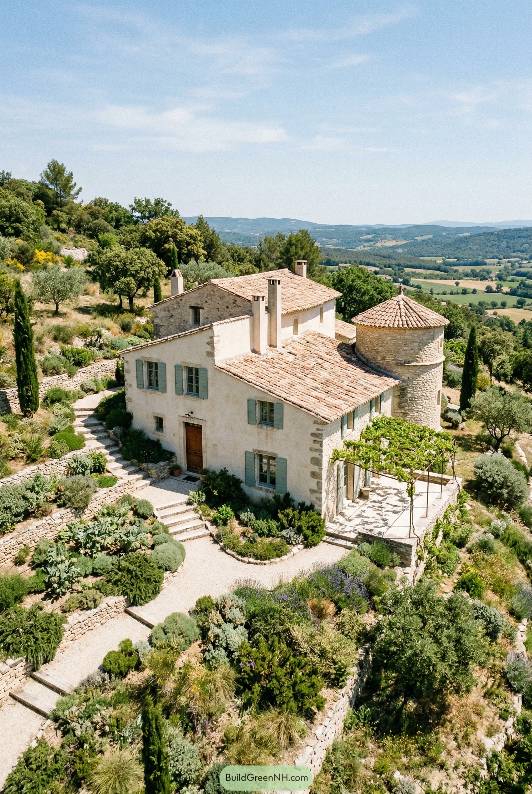 French country house with round stone tower and terraced garden