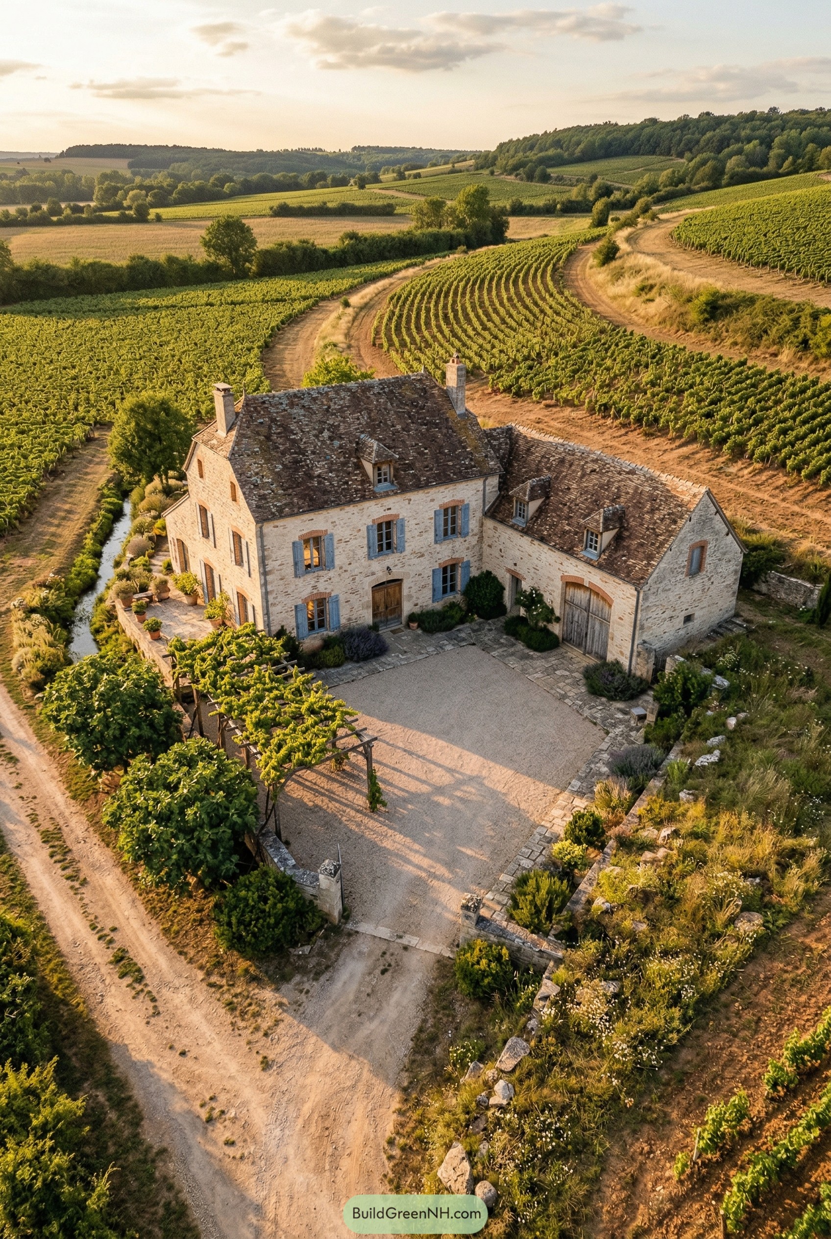 Stone farmhouse with blue shutters in vineyards