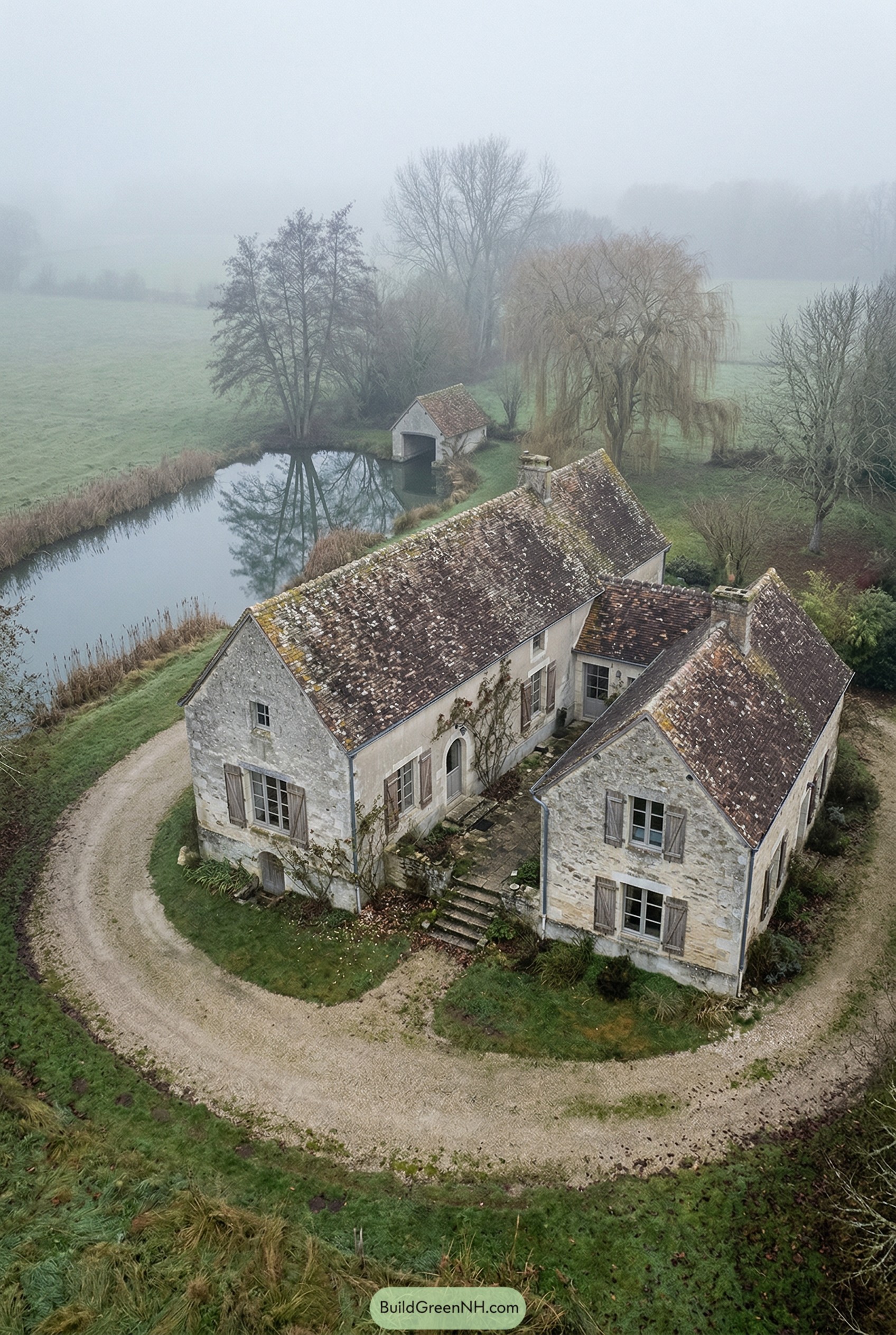Stone farmhouse beside a pond in mist