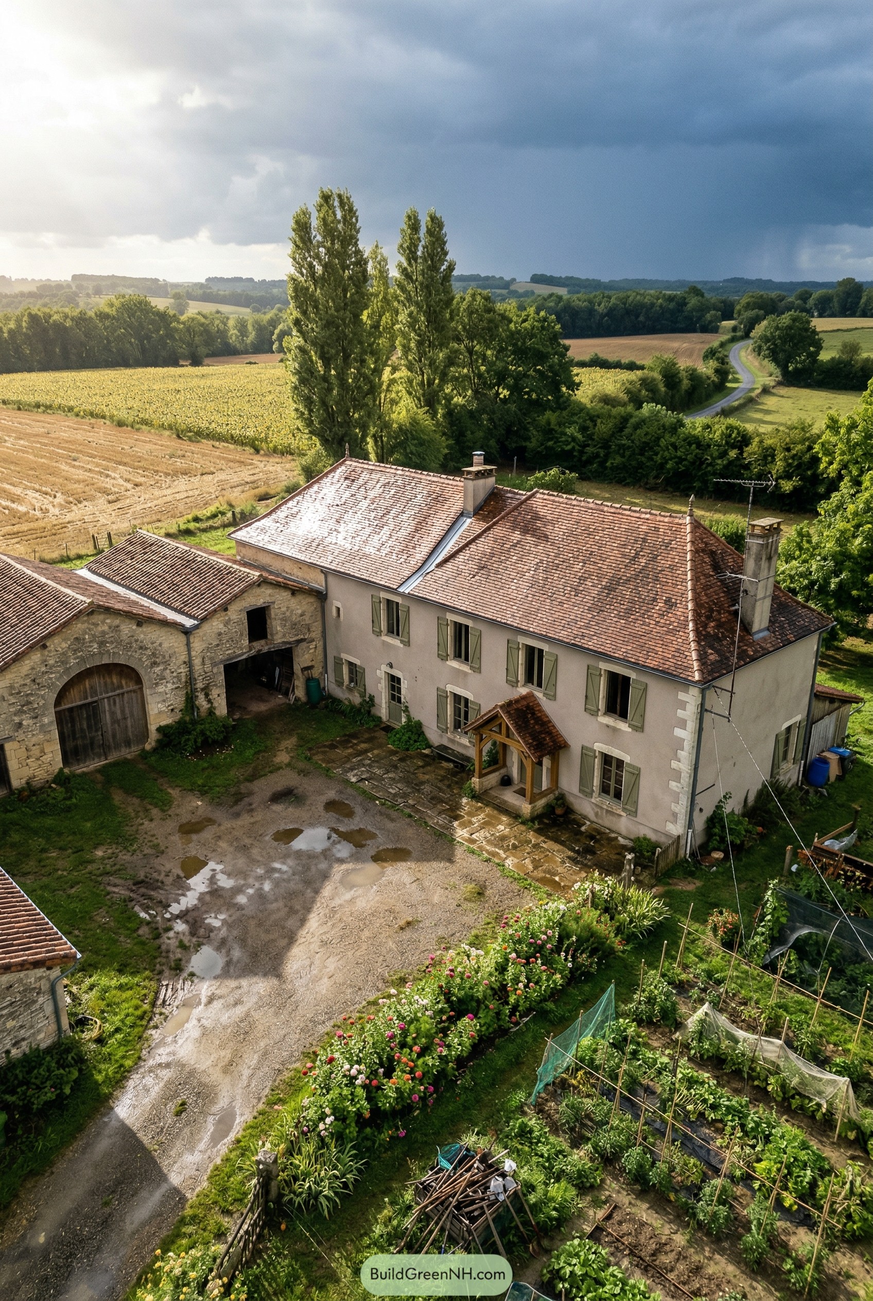 French farmhouse with green shutters and stone barn