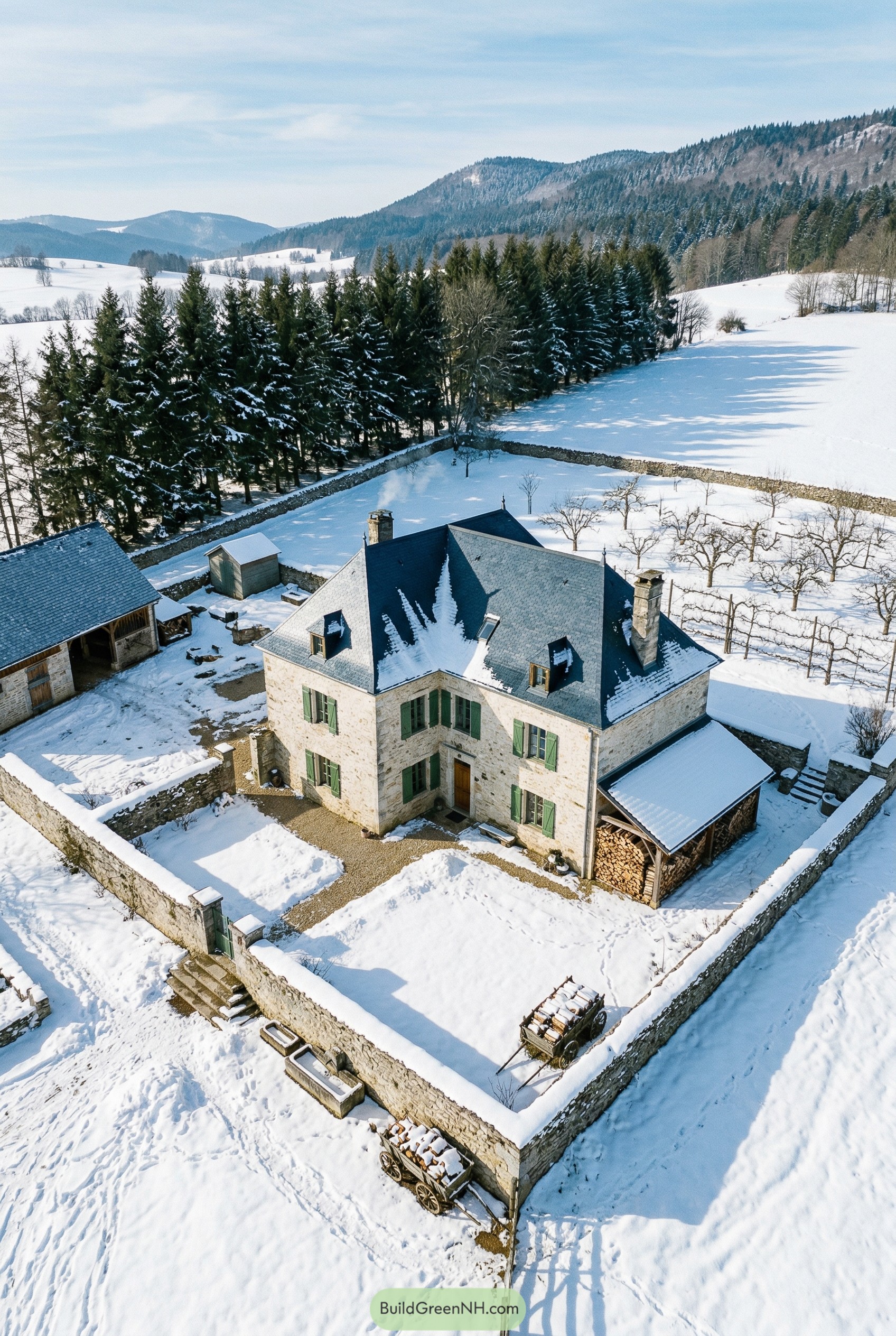 Stone house with green shutters and snowy orchard