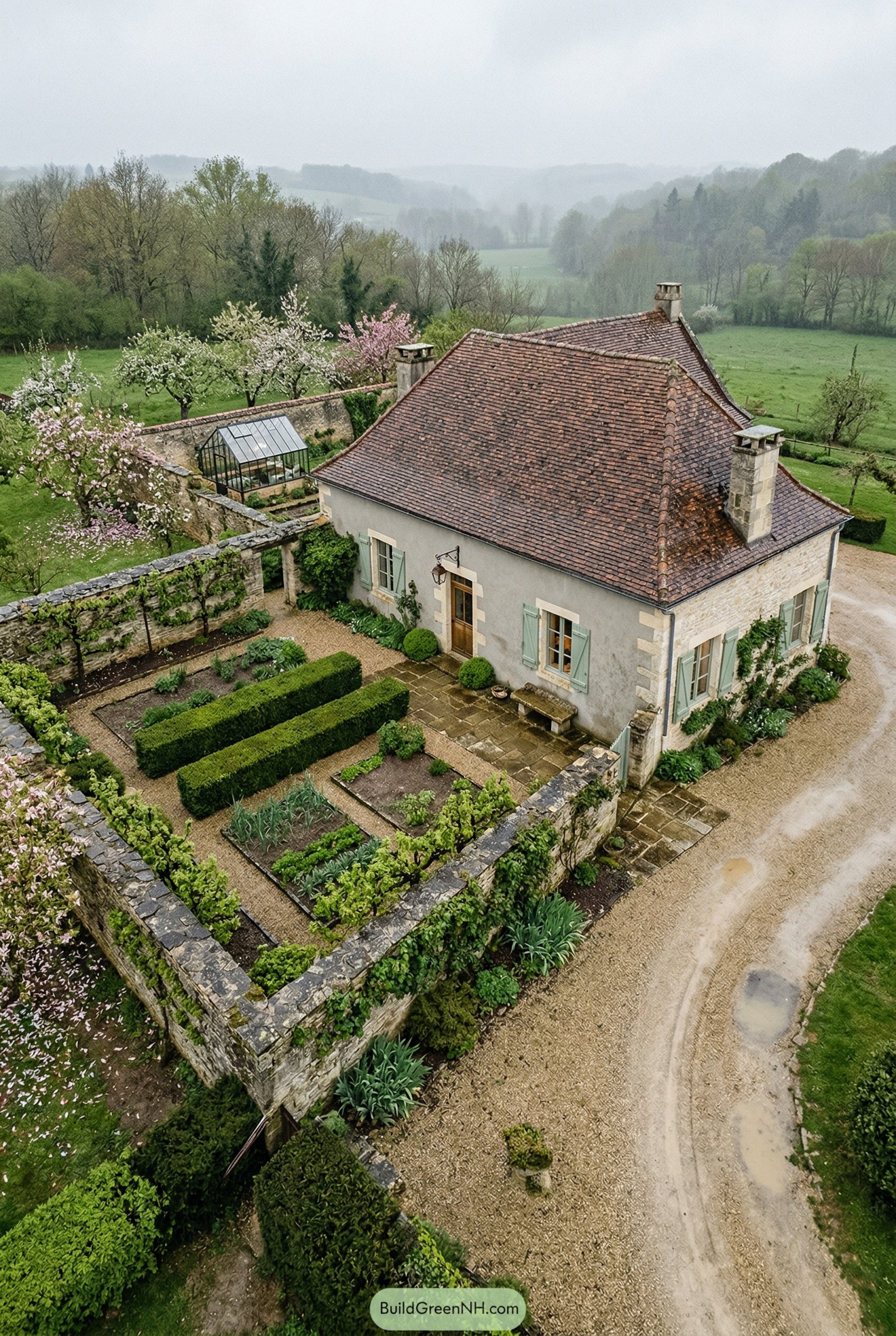 French country house with walled garden and greenhouse