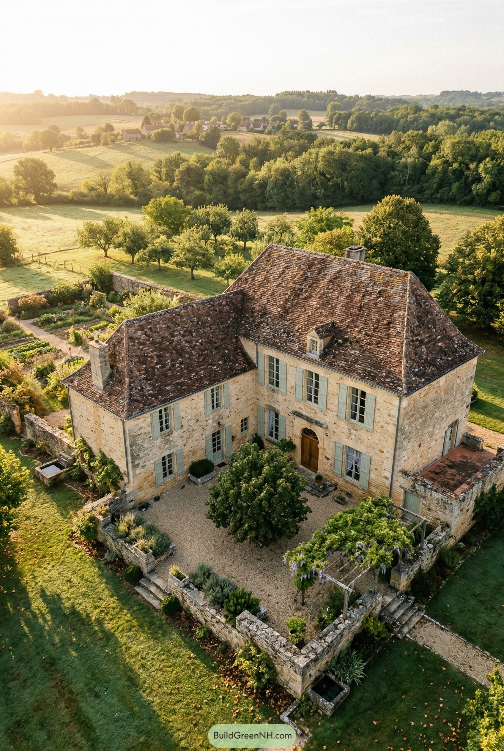 Aerial view of a stone French country house with a walled courtyard