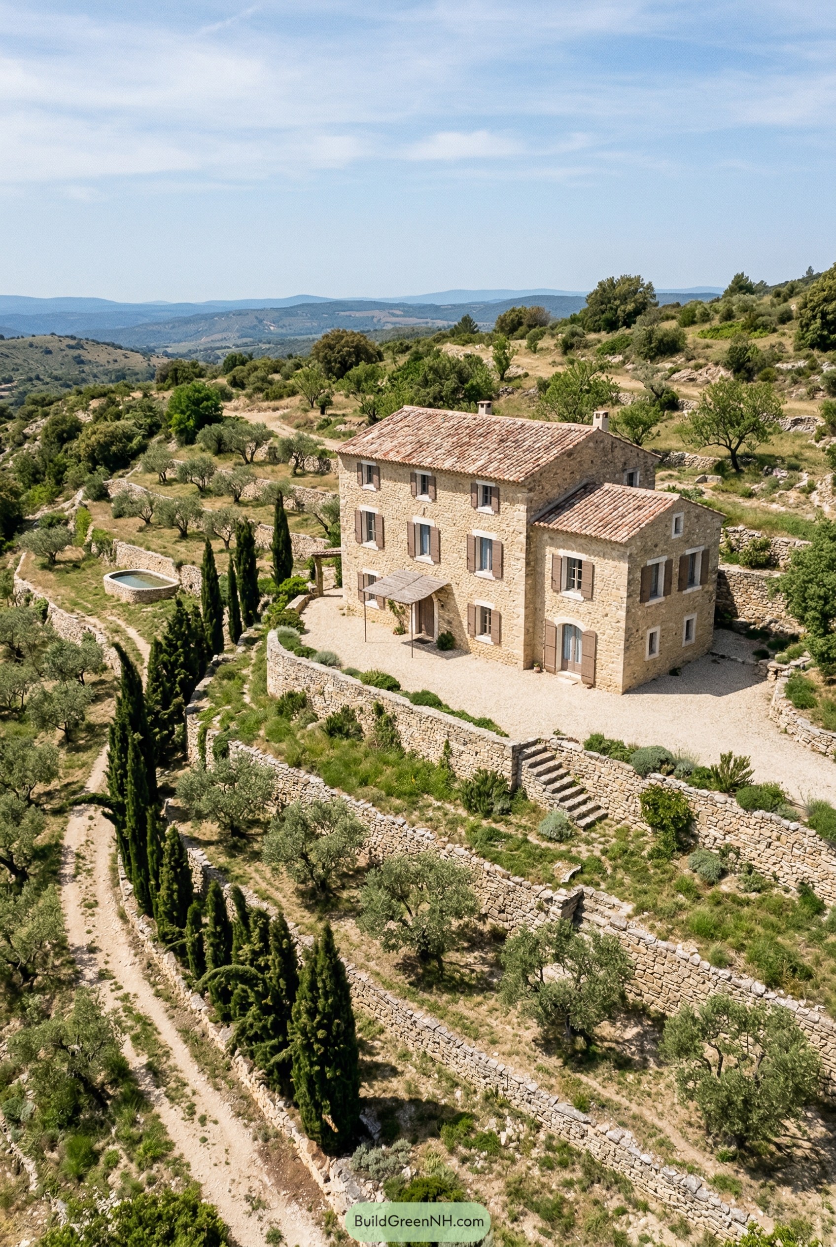 Stone farmhouse on a terraced hillside