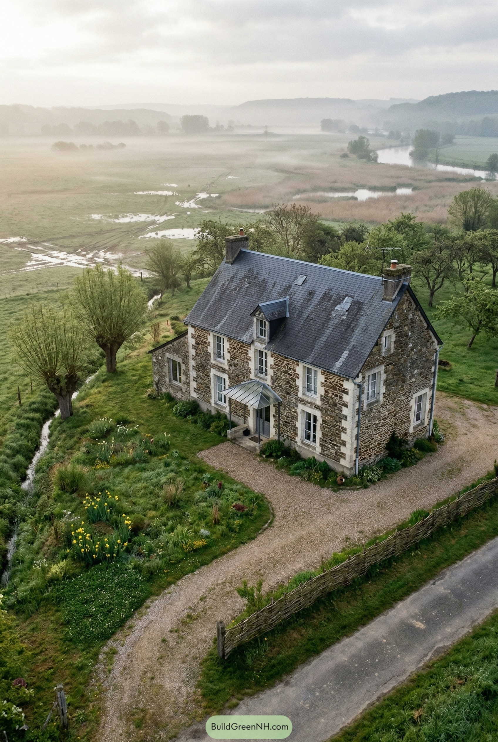 Stone farmhouse with slate roof by marshland