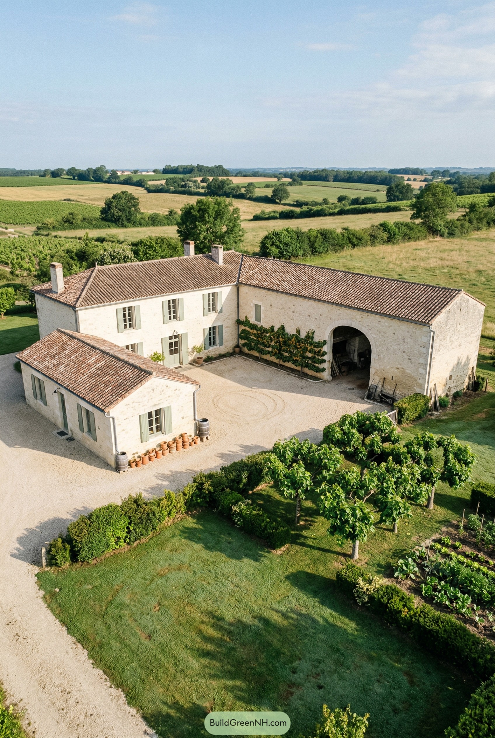 French stone farmhouse with arched barn courtyard
