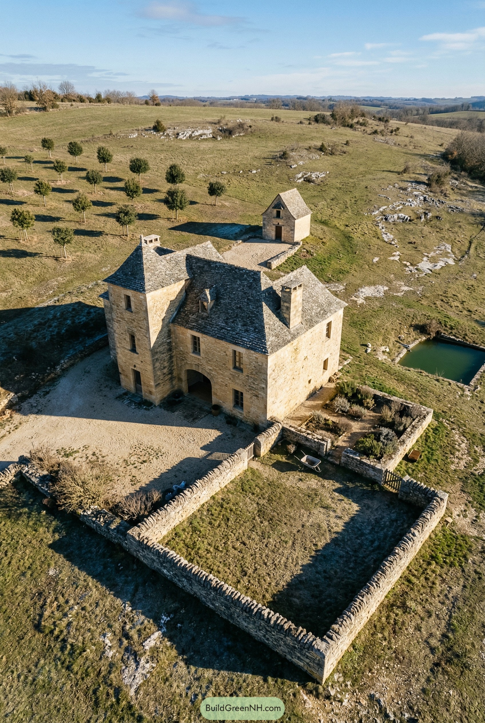 Stone house with tower and walled yard in open pasture