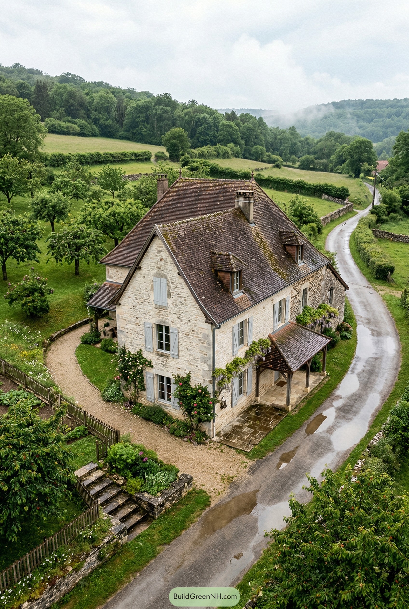French stone house with tiled roof beside a winding country road