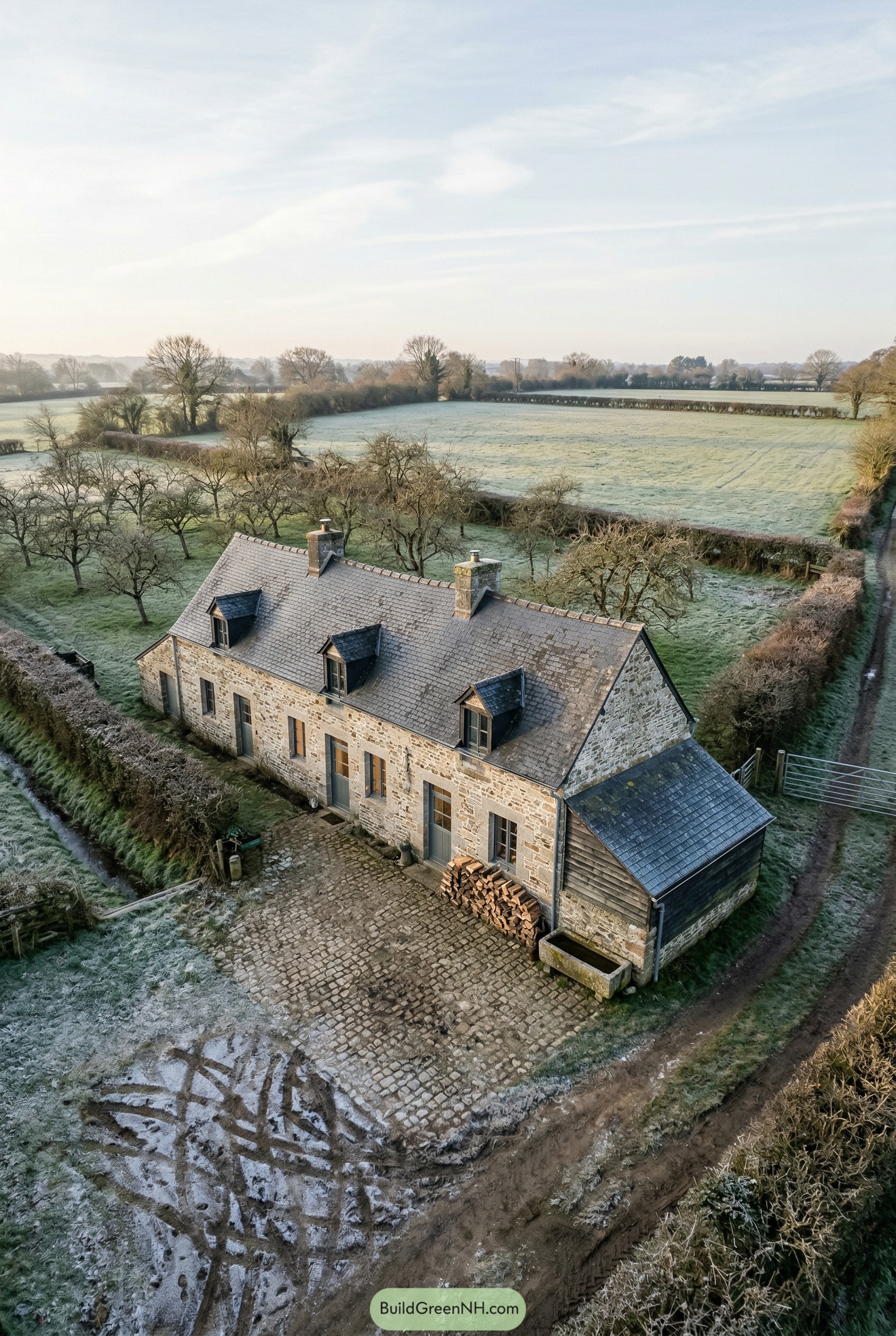 Stone farmhouse with slate roof and dormers