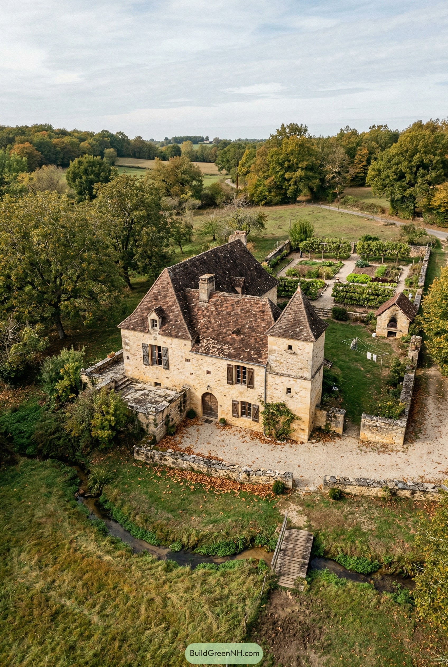 French stone house with turret and walled garden